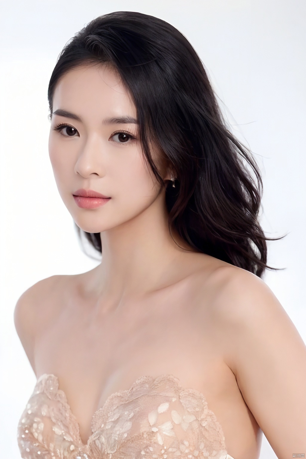 Fujicolor's UHD majesty captures the essence of a stunning 1girl posing solo against a crisp white background. The raw emotion emanates from her captivating upper_body, as she confidently wears a strapless formal dress showcasing her cleavage and breasts in all their glory. Her black hair cascades down her back like nightfall, while her brown eyes pierce through the lens, drawing the viewer's gaze to her plump lips and delicate nose. Framed by an 85mm lens at f/1.2 on a Fujifilm XT4 camera, this 16K masterpiece presents a breathtakingly realistic portrait of sophistication.