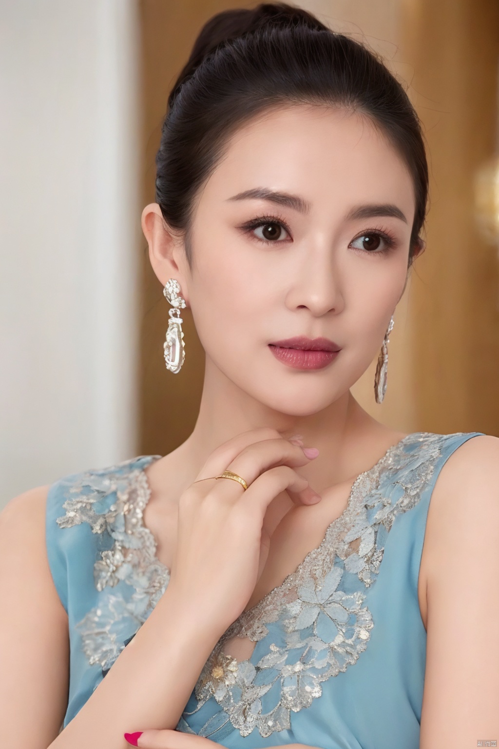 Close-up shot of a woman with dark brown eyes and pink lip, ring gleaming on left hand; blue dress with intricate lace pattern catches soft light, ponytail hairline accentuated by gold earrings. Hands clasped in serene pose, blurred background maintains intimacy.