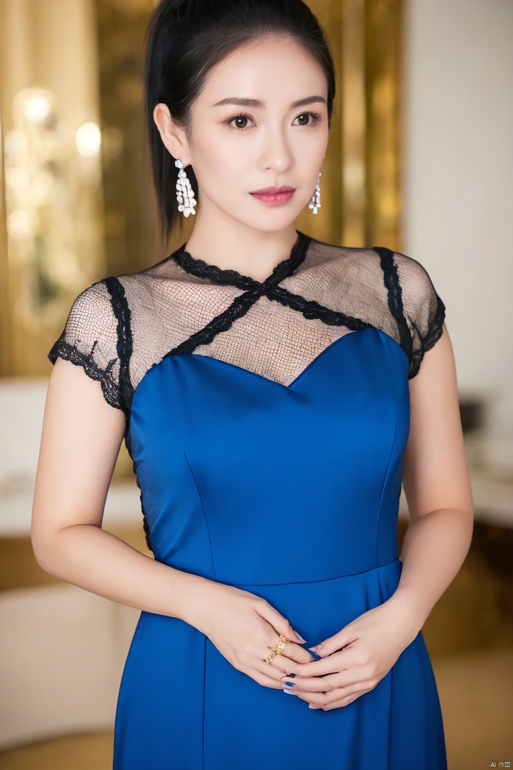 A close-up shot of a woman with dark brown eyes, a pink lip, and a ring on her left hand. She is wearing a blue dress with a lace pattern on it. Her hair is pulled back in a ponytail, and she is wearing gold earrings. The background is blurred, and the woman's hands are clasped in front of her.