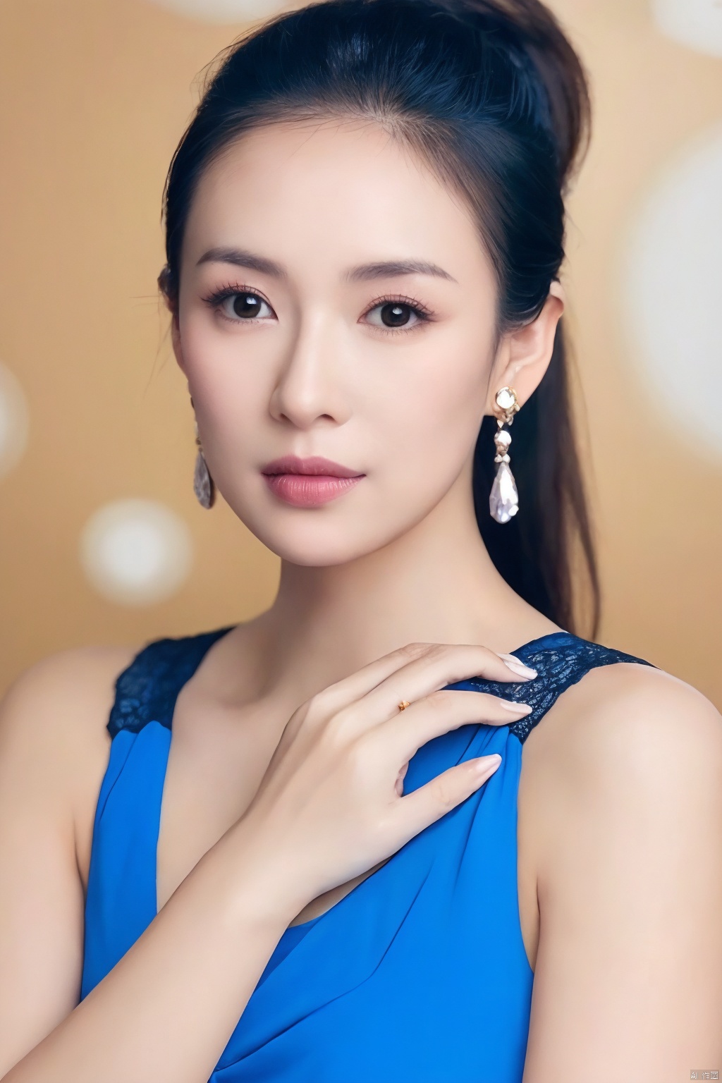 A close-up shot of a woman with dark brown eyes, a pink lip, and a ring on her left hand. She is wearing a blue dress with a lace pattern on it. Her hair is pulled back in a ponytail, and she is wearing gold earrings. The background is blurred, and the woman's hands are clasped in front of her.