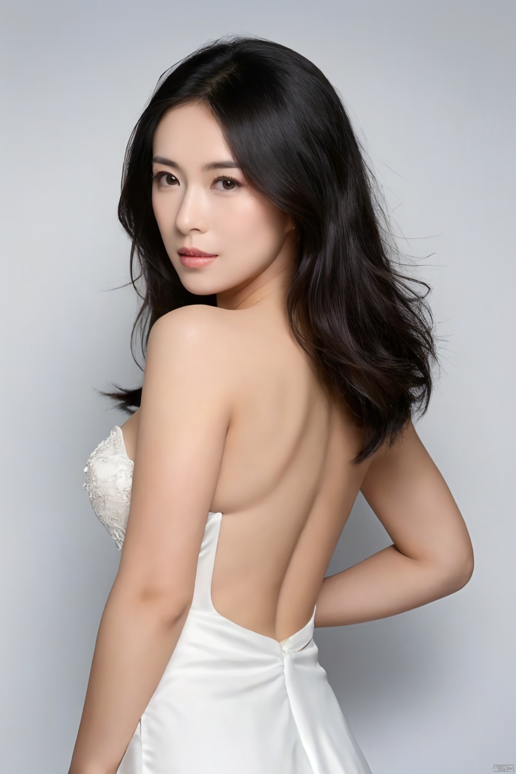 Fujicolor's UHD majesty captures the essence of a stunning 1girl posing solo against a crisp white background. The raw emotion emanates from her captivating upper_body, as she confidently wears a strapless formal dress showcasing her cleavage and breasts in all their glory. Her black hair cascades down her back like nightfall, while her brown eyes pierce through the lens, drawing the viewer's gaze to her plump lips and delicate nose. Framed by an 85mm lens at f/1.2 on a Fujifilm XT4 camera, this 16K masterpiece presents a breathtakingly realistic portrait of sophistication.