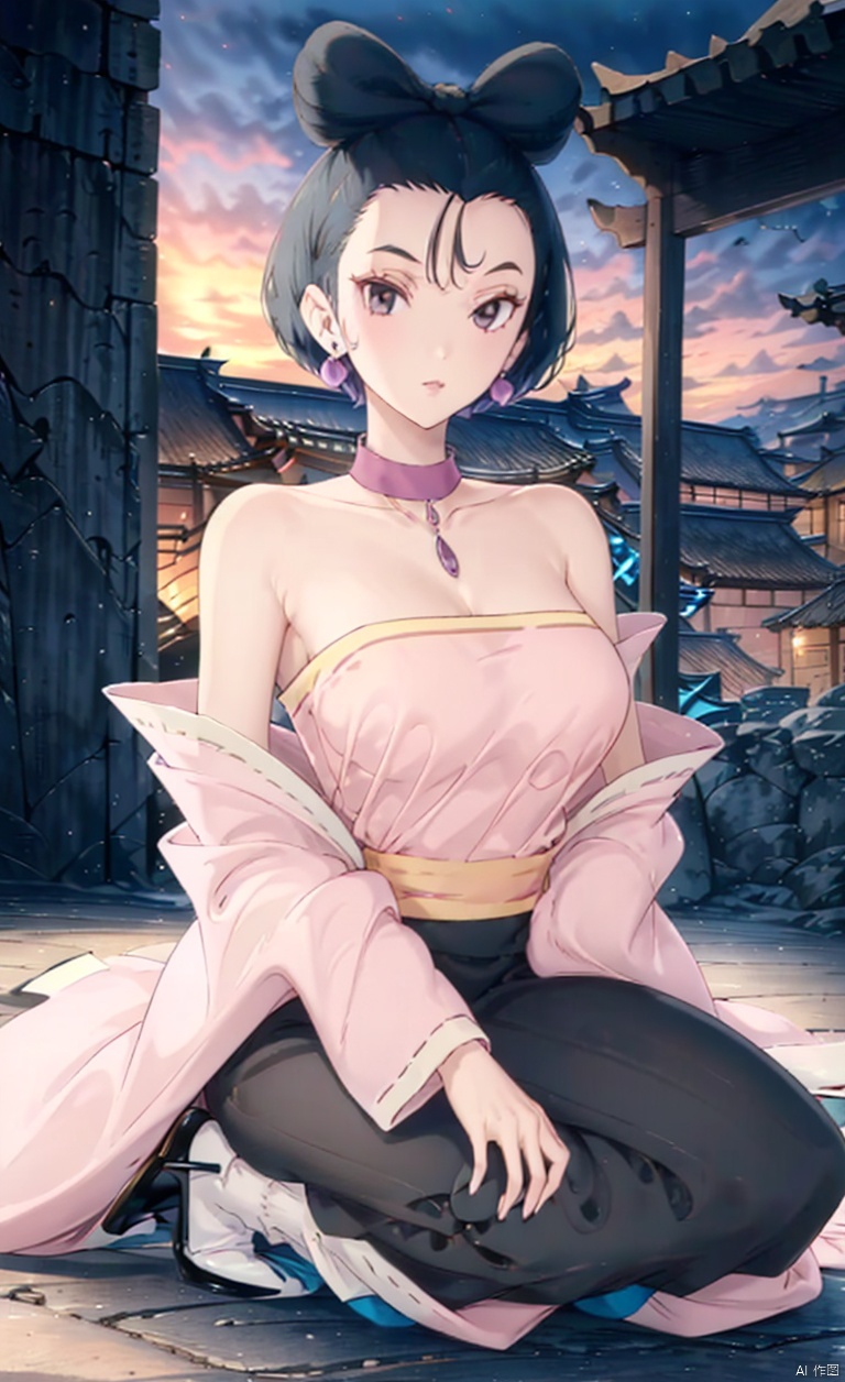 1girl, solo, looking at viewer,  short hair, black hair,
 jewelry, earrings,  black eyes, portrait, 

There is no hair between the eyes, only a bare forehead, with a large black bow hair accessory tied around the head,
Black socks, black perforated socks, socks, high heels, black high heels, neck collar, a gemstone collar,