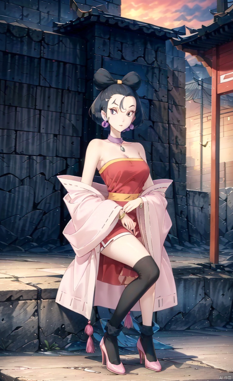 1girl, solo, looking at viewer,  short hair, black hair,
 jewelry, earrings,  black eyes, portrait, 

There is no hair between the eyes, only a bare forehead, with a large black bow hair accessory tied around the head,
Black socks, black perforated socks, socks, high heels, black high heels, neck collar, a gemstone collar,