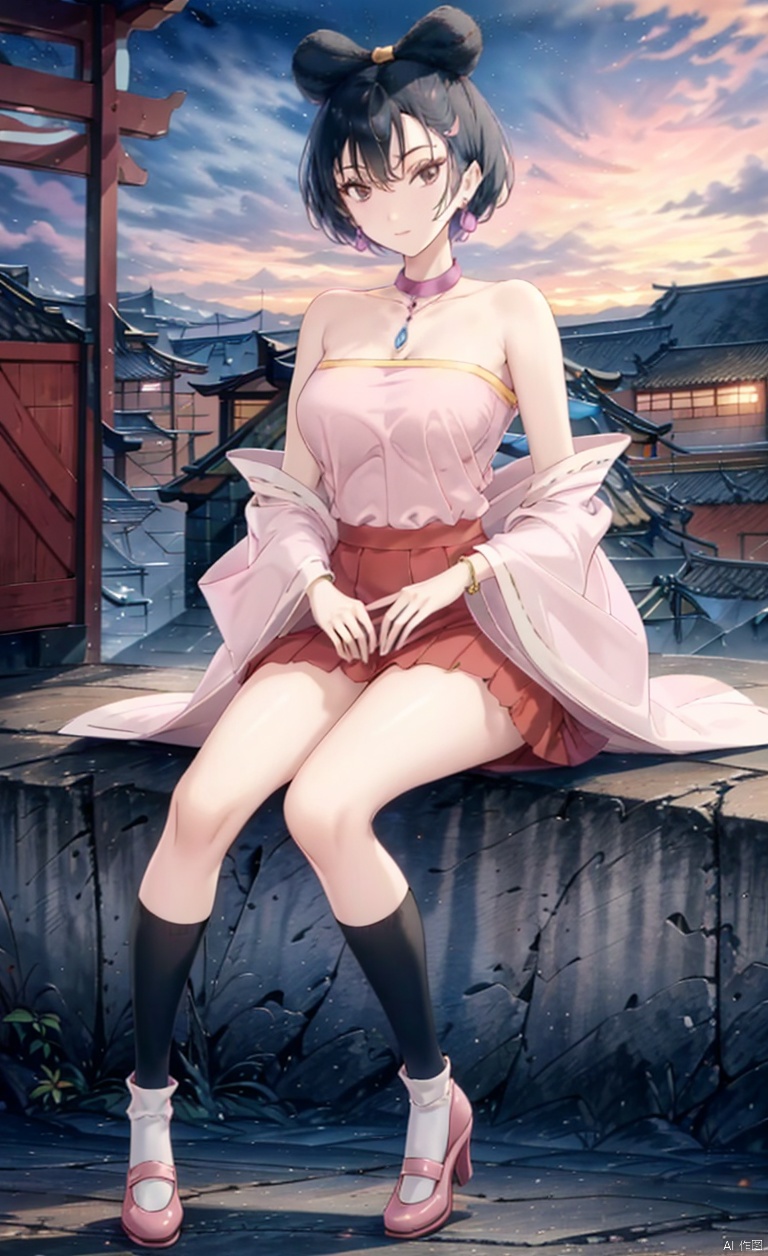 1girl, solo, looking at viewer,  short hair, black hair,
 jewelry, earrings,  black eyes, portrait, 
Female student, school uniform, skirt, short skirt,
There is no hair between the eyes, only a bare forehead, with a large black bow hair accessory tied around the head,
Black socks, black perforated socks, socks, high heels, black high heels, neck collar, a gemstone collar,