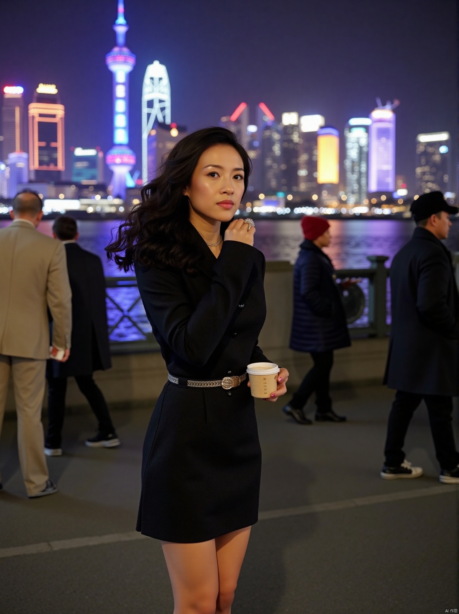 At the beginning of the night, Shanghai's Bund was dazzling, and a beautiful woman attracted everyone's attention.
She is wearing a fashionable and slim-fitting short skirt. The hem of the skirt swings gently in the wind, showing her graceful figure. The metal buckle belt around her waist adds a bit of coolness to the look. Walking along the riverside, the breeze stirred her wavy hair and brushed her delicately made-up cheeks. She was holding a cup of coffee, occasionally sipping it, her eyes showing laziness and contentment, admiring the flashing neon lights on the other side. Pedestrians passing by looked at her with side glances, but she was relaxed and casual, taking every step with confidence, blending into the bustling night scene of the Bund, creating a beautiful street scene of her own.