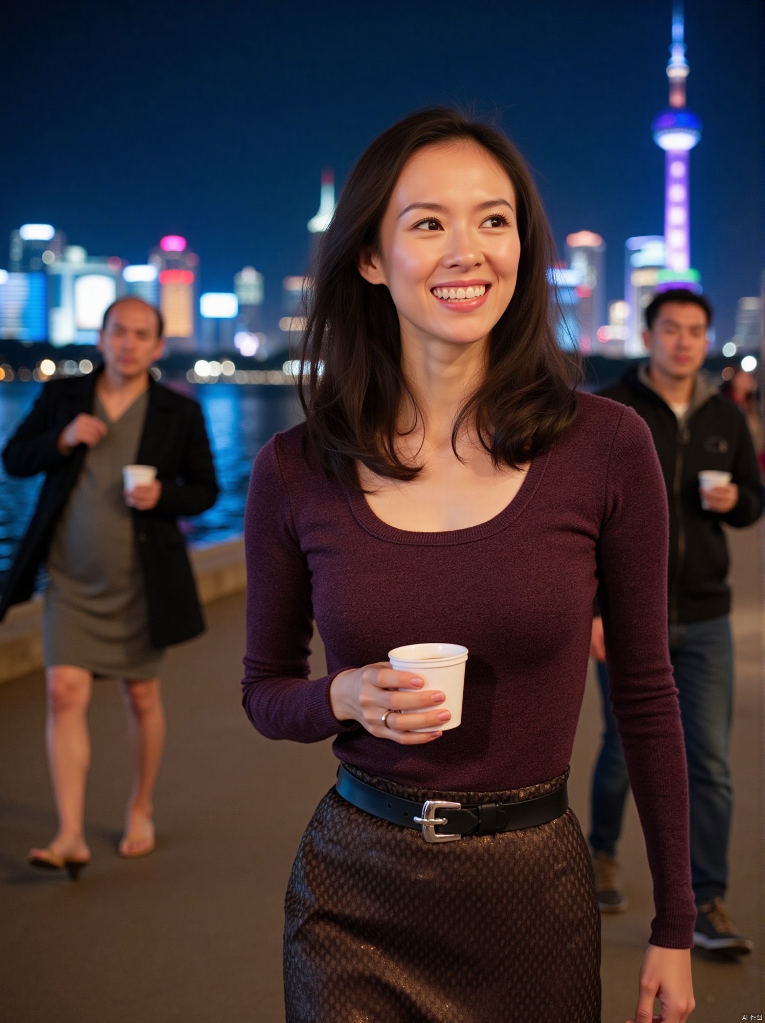 At the beginning of the night, Shanghai's Bund was dazzling, and a beautiful woman attracted everyone's attention.
She is wearing a fashionable and slim-fitting short skirt. The hem of the skirt swings gently in the wind, showing her graceful figure. The metal buckle belt around her waist adds a bit of coolness to the look. Walking along the riverside, the breeze stirred her wavy hair and brushed her delicately made-up cheeks. She was holding a cup of coffee, occasionally sipping it, her eyes showing laziness and contentment, admiring the flashing neon lights on the other side. Pedestrians passing by looked at her with side glances, but she was relaxed and casual, taking every step with confidence, blending into the bustling night scene of the Bund, creating a beautiful street scene of her own.
