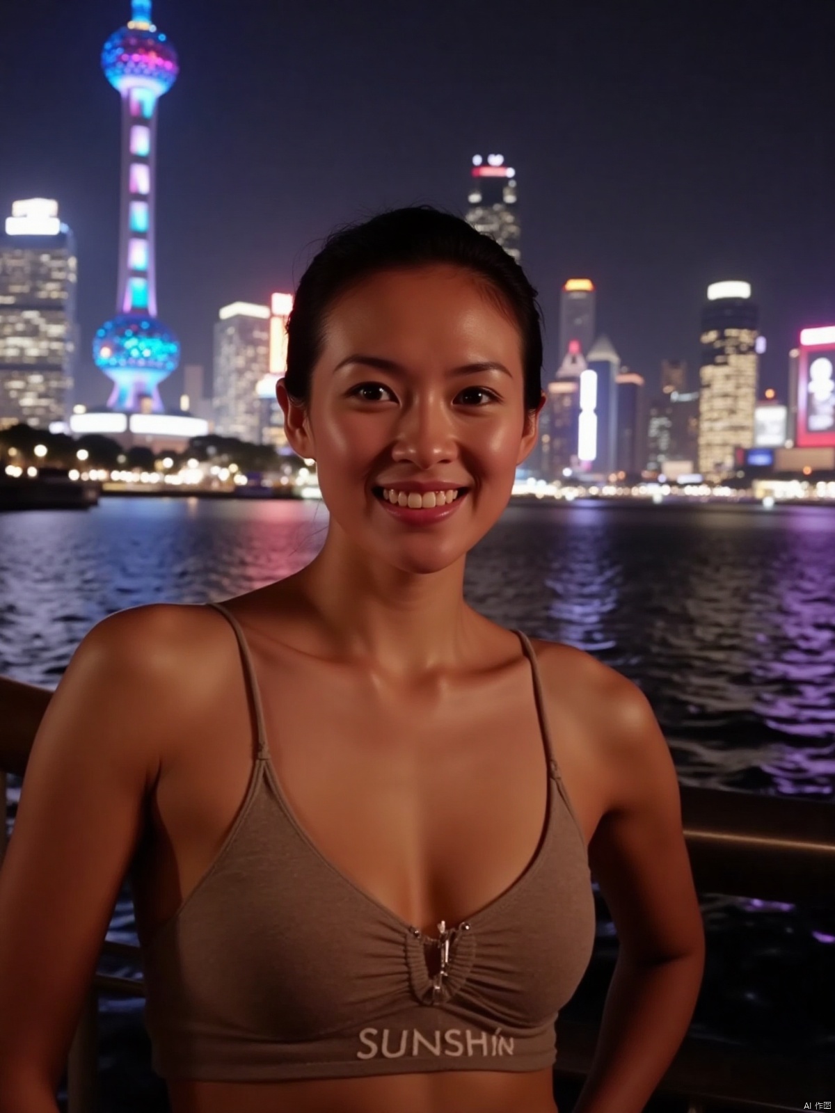 On the Shanghai Bund under the neon lights at night, with the Oriental Pearl Tower in the background, a beautiful woman looked at the audience with a smile in the drizzle. She was wearing a tight top with medium to large breasts, revealing her beautiful cleavage. The letters "SUNSHINE" were written on her chest. Her confidence was contagious to everyone.