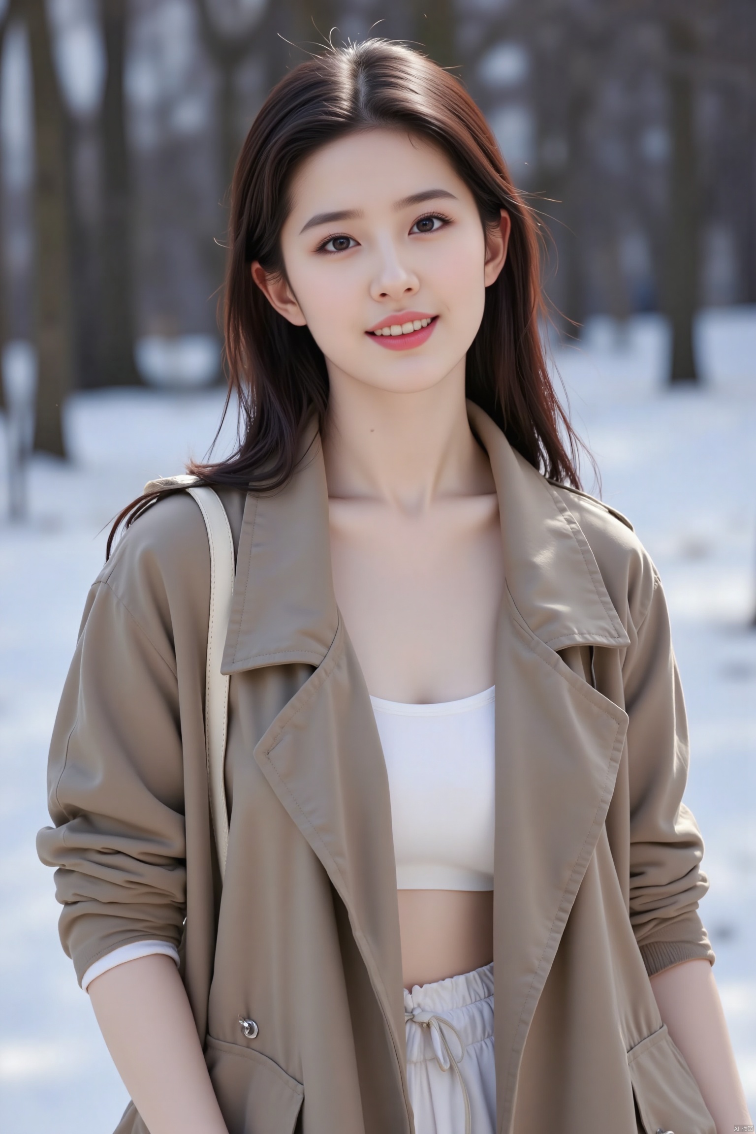 best quality, 4K, 8k, Detailed faces, clear face, full-body shot,beautiful girl, Korean makeup, red lips, smilingly, Perfect body,shoulder-length short hair,small,Leg length,Slim,thin, girl wearing long and wide coat, Under the jacket is the top tube and tying, lower abdomen, snow scene, Winters, 
