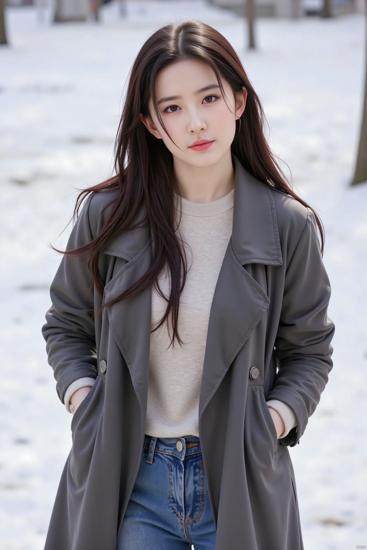 best quality, 4K, 8k, Detailed faces, clear face, full-body shot,beautiful girl, Korean makeup, red lips, smilingly, Perfect body,shoulder-length short hair,small,Leg length,Slim,thin, girl wearing long and wide coat, Under the jacket is the top tube and tying, lower abdomen, snow scene, Winters, 