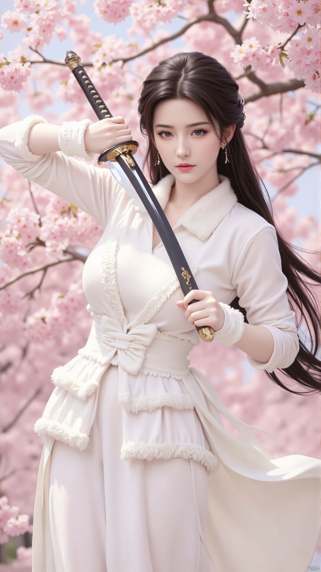 This picture is a digital illustration work with the following characteristics:


• Image quality: The image has a high resolution and fine details. The characters' clothing, weapons and background textures are all displayed very clearly.


• Color: The colors are mainly white and pink, creating a fresh and soft atmosphere. The character's white clothing contrasts with the pink cherry blossoms in the background, highlighting the character's image.


• Creative style: This illustration adopts a style that combines realism and fantasy. The characters are exquisite and the details are well handled. The overall style is biased toward Eastern classical aesthetics, with martial arts elements.


• Lighting and Layout: The lighting is soft, with the main light source appearing to come from the left side of the frame, casting soft shadows and enhancing the three-dimensional feel of the image. The character is placed in the center of the frame, attracting the viewer's attention.


• Action posture and hairstyle of the character: The character's posture is elegant and confident, holding a Chinese sword with a delicate handle and preparing to pull it out of the black scabbard. At this time, the right hand has already pulled the sword body out of the scabbard. In one third, the sword body glows with cold light, and the black scabbard is decorated with gold. The sword body and scabbard are very straight, showing a heroic temperament. She has long black hair, a simple and elegant hairstyle, and a delicate necklace on her forehead.


• Costume: Wearing a white robe, the design of the robe is complex and elegant. The dress is decorated with fluffy white fur trim, which complements the character's movements and adds to the dynamics of the costume.


• Background: The background is a cherry blossom tree in full bloom. The pink flowers echo the characters' clothing, creating a peaceful and beautiful spring scene. The blurring of the background makes the characters stand out more and adds a sense of depth to the picture. Dynamic pose, low angle shot. solo.

Overall, this illustration successfully creates a fresh and elegant atmosphere through delicate brushwork and soft colors, showing the heroism and nobility of the characters.