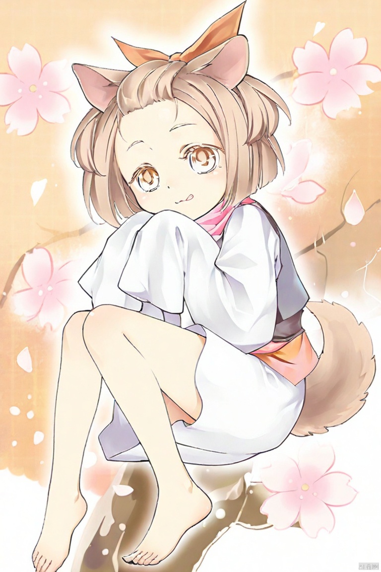 masterpiece, best quality, high quality, Ash Blossom & Joyous Spring \(ygo\), 1girl, solo, short hair, brown hair, ribbon, brown eyes, dog ears, tail, japanese clothes, barefoot, forehead,