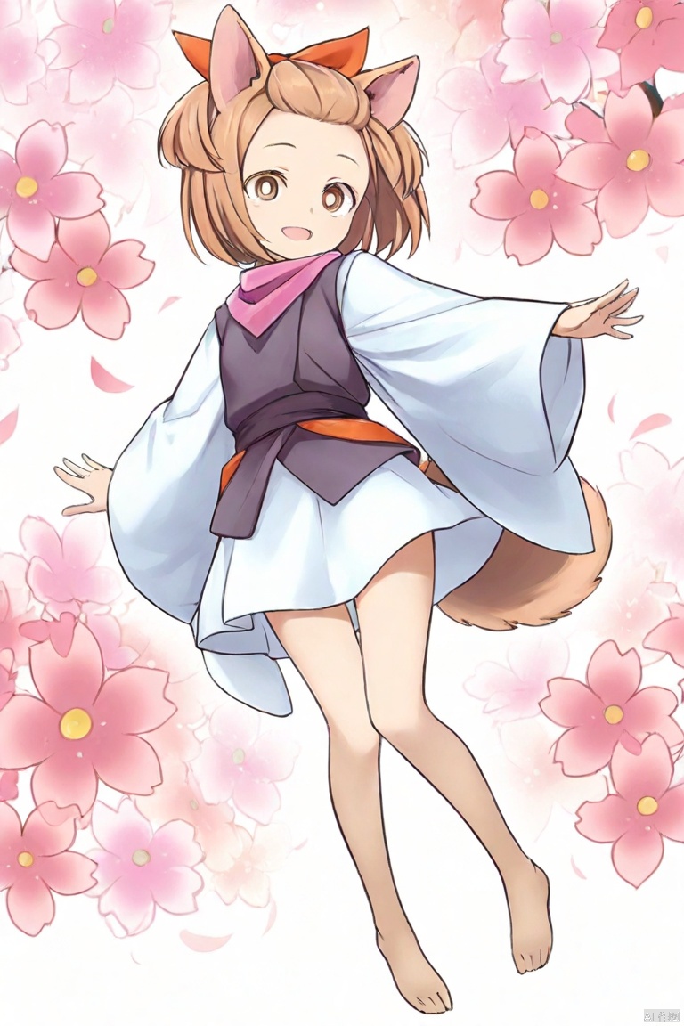 masterpiece, best quality, high quality, Ash Blossom & Joyous Spring \(ygo\), 1girl, solo, short hair, brown hair, ribbon, brown eyes, dog ears, tail, japanese clothes, barefoot, forehead,