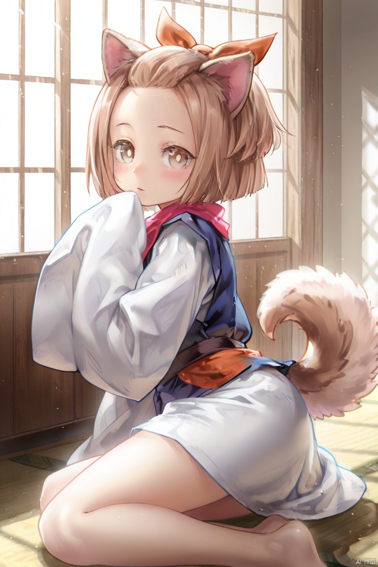 masterpiece, best quality, high quality, Ash Blossom & Joyous Spring \(ygo\), 1girl, solo, short hair, brown hair, ribbon, brown eyes, dog ears, tail, japanese clothes, barefoot, forehead,