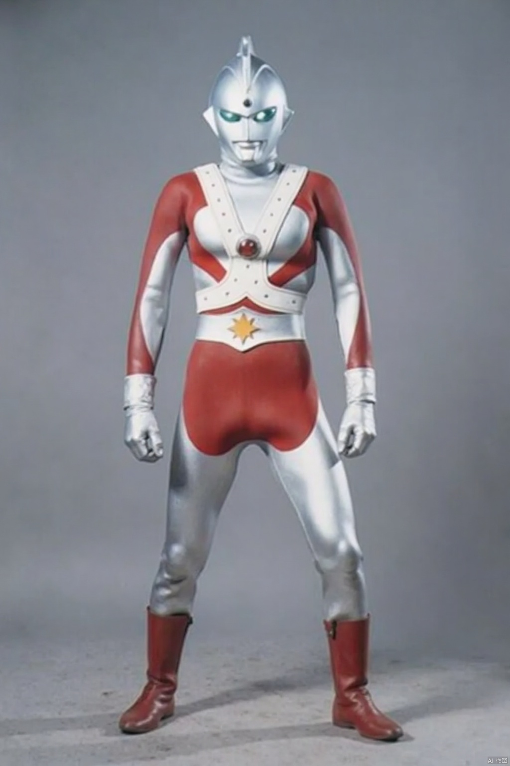 Alien Emerald,ultraman,silver bodysuit,silver gloves,legwear,gloves,boots,cover,mask,plugsuit,armor,bodysuit,red pattern on body,silver tight-fitting,silver footwear,helmet,leather suit,latex,tokusatsu,no humans,science fiction,silver head,hard mask,no smile,no eyes,no nose,solo,silver rubber bodysuit with red line