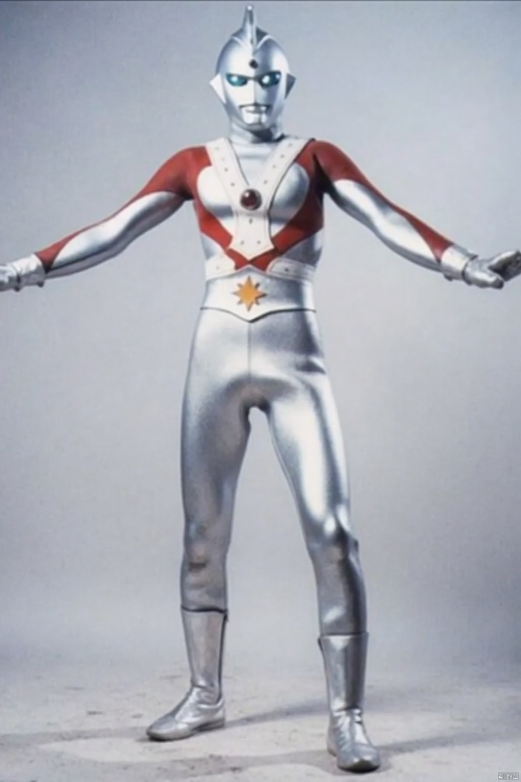 Alien Emerald,ultraman,silver bodysuit,silver gloves,legwear,gloves,boots,cover,mask,plugsuit,armor,bodysuit,red pattern on body,silver tight-fitting,silver footwear,helmet,leather suit,latex,tokusatsu,no humans,science fiction,silver head,hard mask,no smile,no eyes,no nose,solo,silver rubber bodysuit with red line