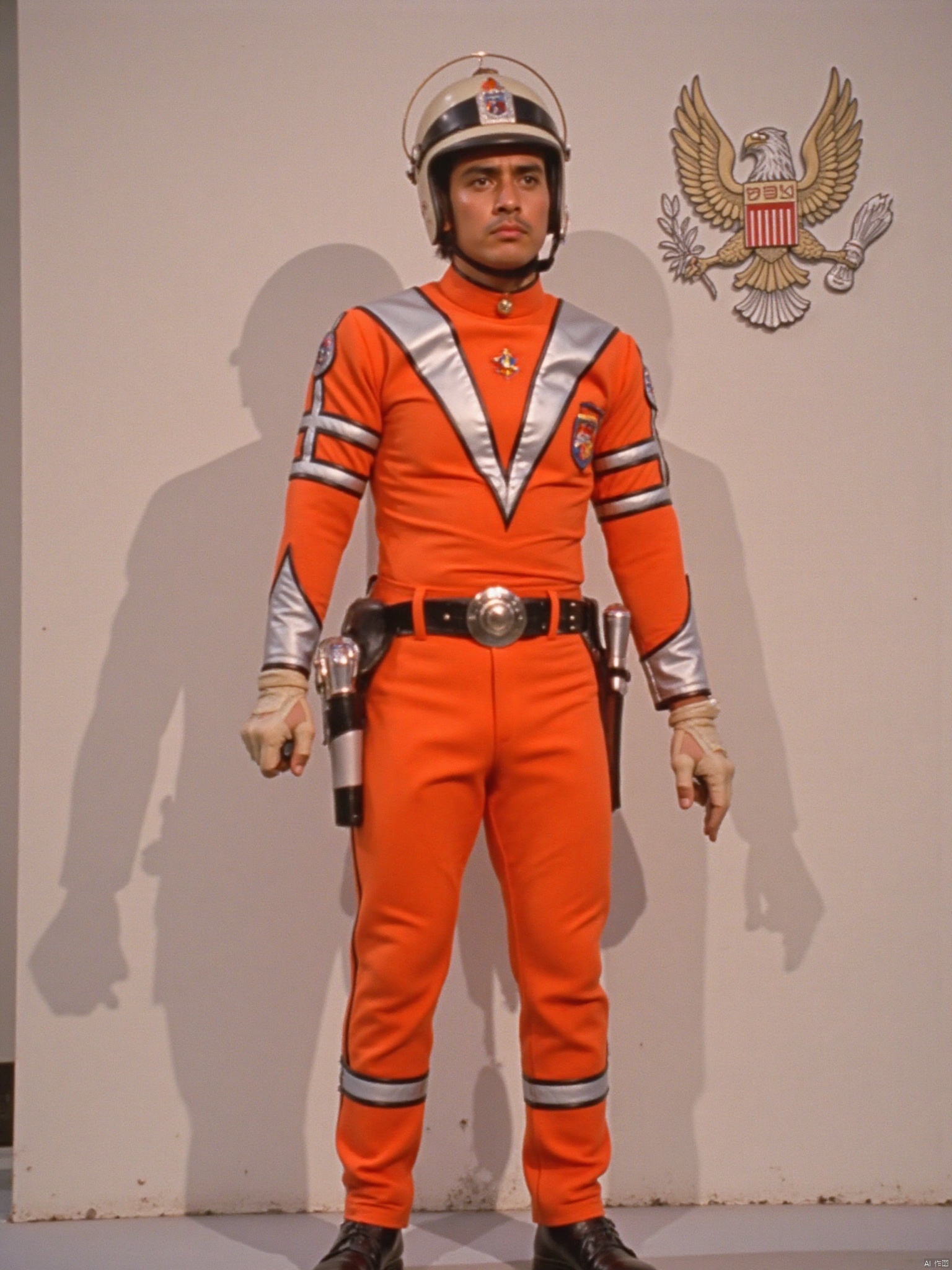 MAC,helmet,orange pants,orange jacket,collar,belt,logo,uniform,jacket,gloves,boots,emblem,pants,white gloves,black footwear,orange jacket with Silver line