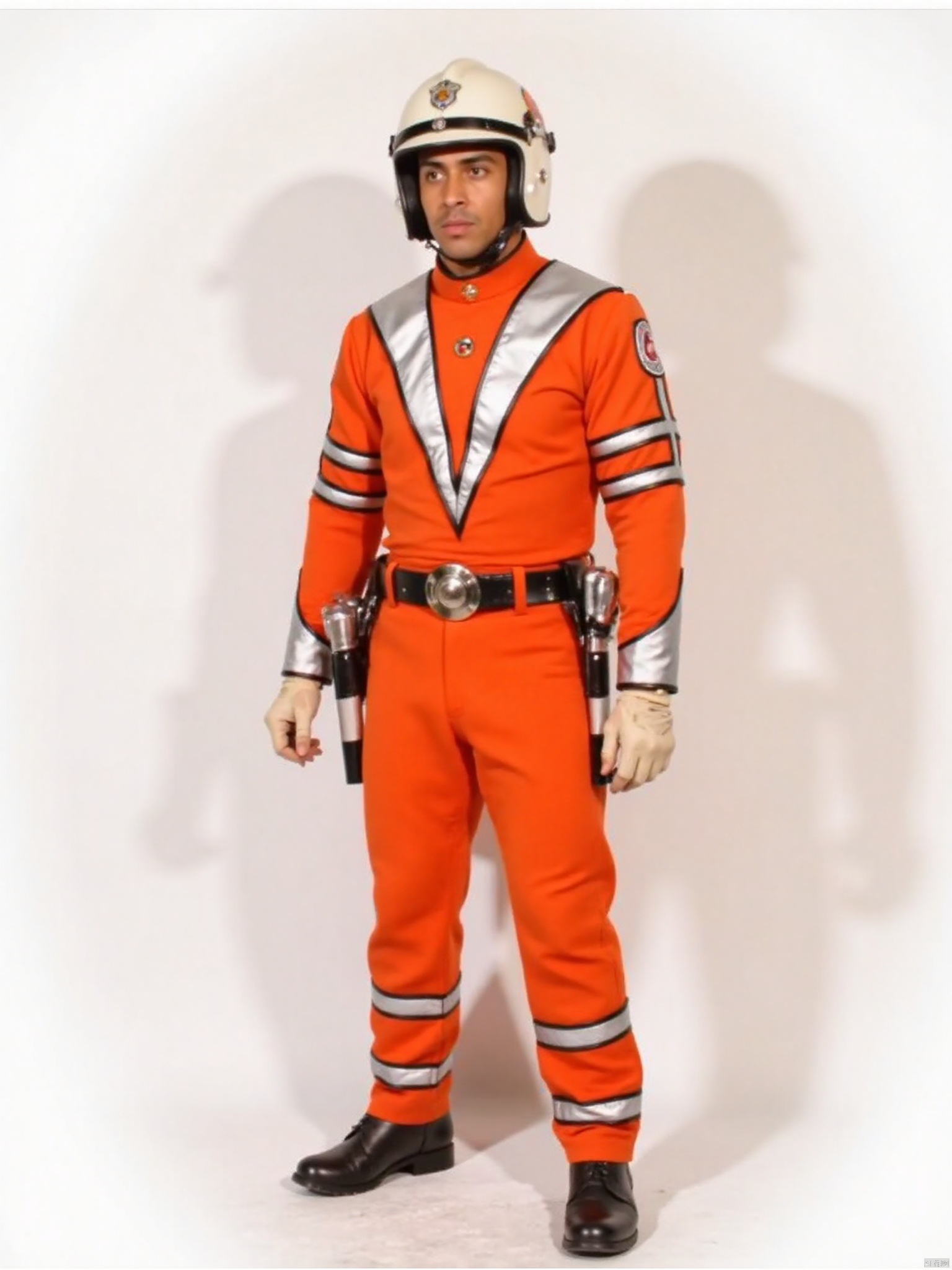 MAC,helmet,orange pants,orange jacket,collar,belt,logo,uniform,jacket,gloves,boots,emblem,pants,white gloves,black footwear,orange jacket with Silver line