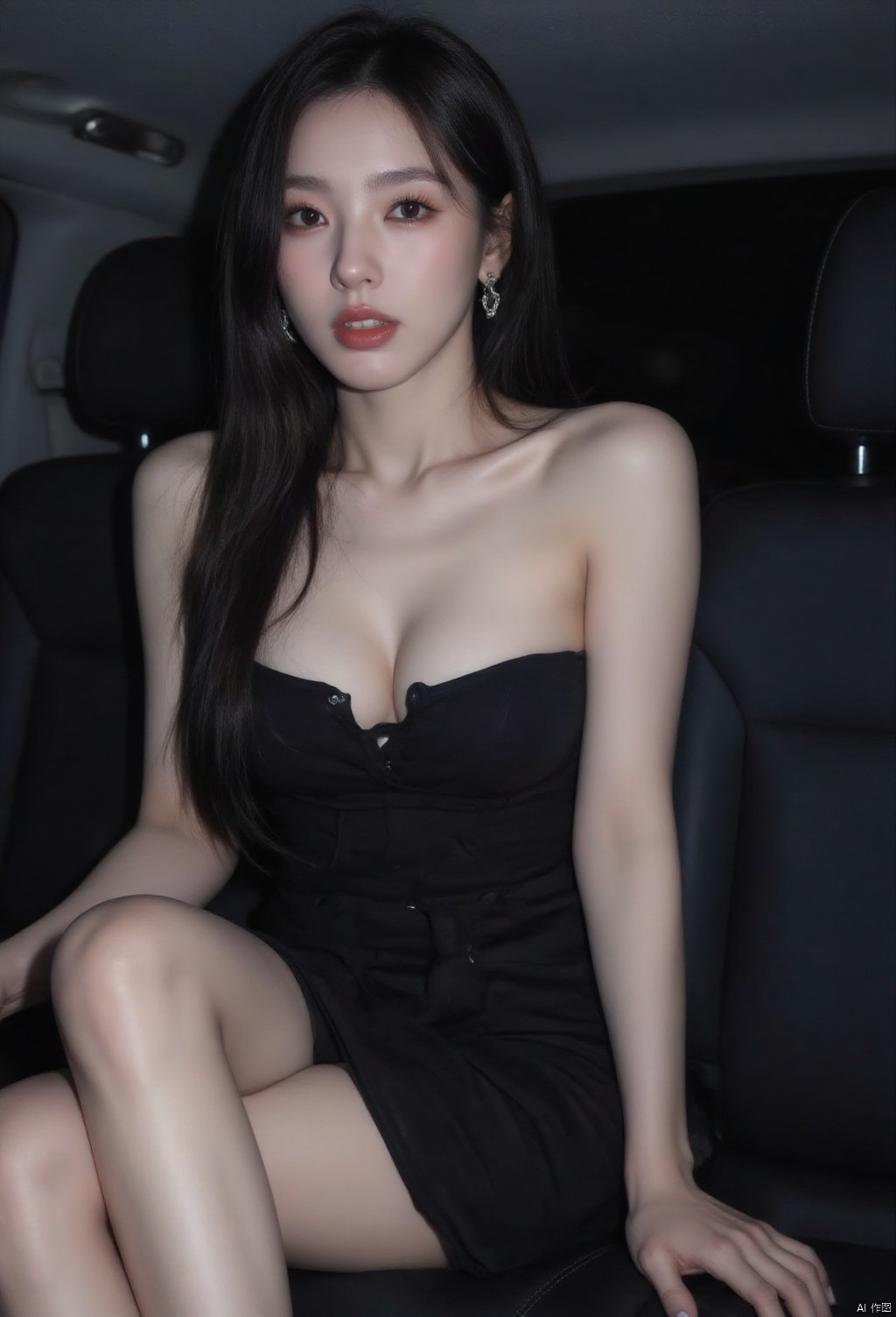 1girl, solo, breasts, black hair, dress, cleavage, bare shoulders, jewelry, medium breasts, sitting, earrings, black dress, lips, strapless, ground vehicle, strapless dress, motor vehicle, realistic, car