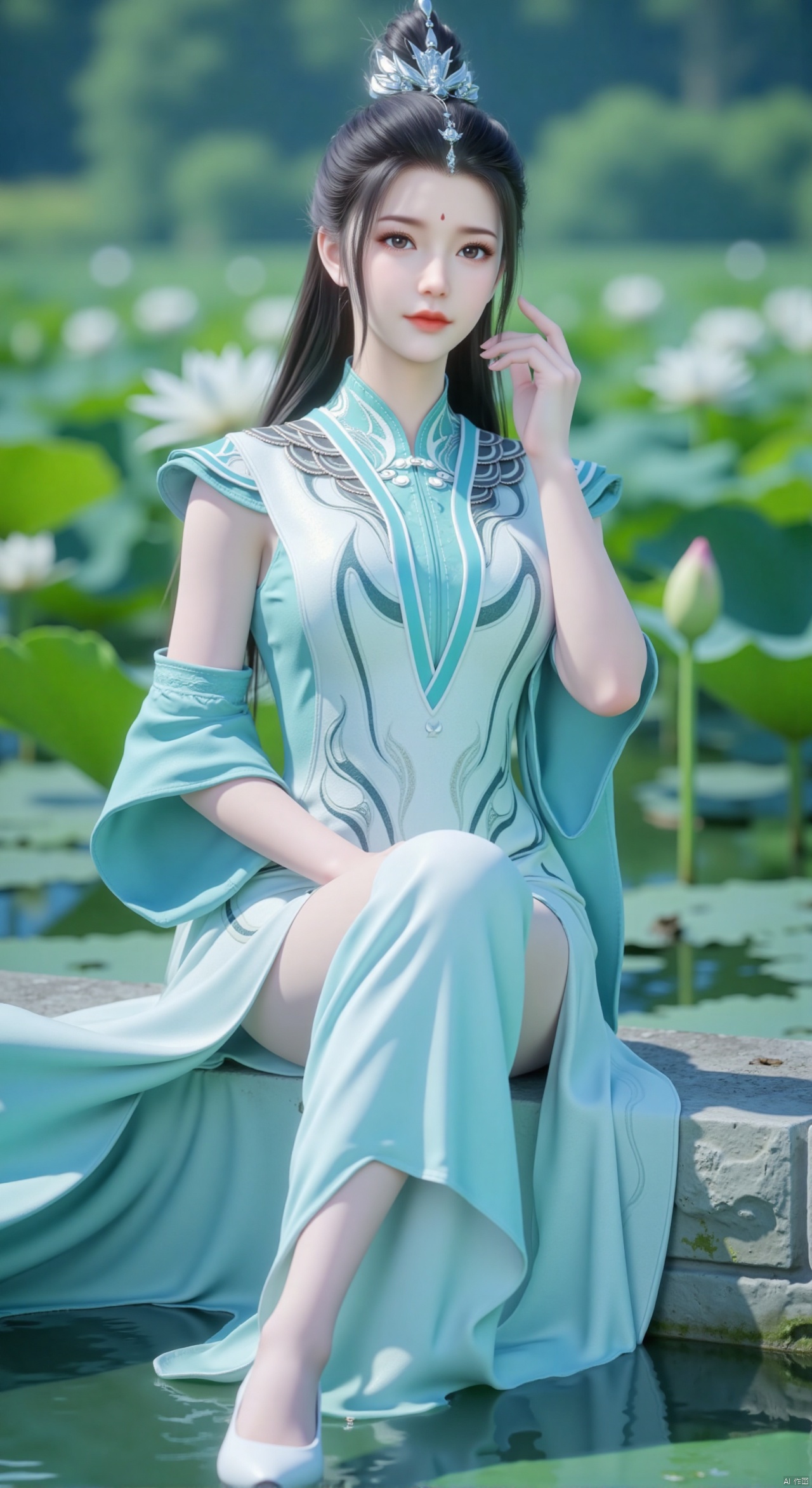  SFW,(masterpiece:1.2),best quality,absurdres,masterpiece,original,extremely detailed wallpaper,perfect lighting,1girl,solo,looking at viewer,(cowboy_shot:1.3),long hair,high heels,blurry background,depth of field,motion blur,(light cyan long dress:1.23),china_dress,chinese_style,bare shouders,crystal_earrings,headpiece,hair_tie,chest_jewel,gem,necklace,jewelry,in summer,day,outdoors,nature,garden,,(sitting,Lotus pond, lotus:1.59),(huge breasts:2.99),(full breasts:2.89),Xzhihua,Xsiyouyou,Xyanruyu,Xmoxiaonan,Xyeqingxian