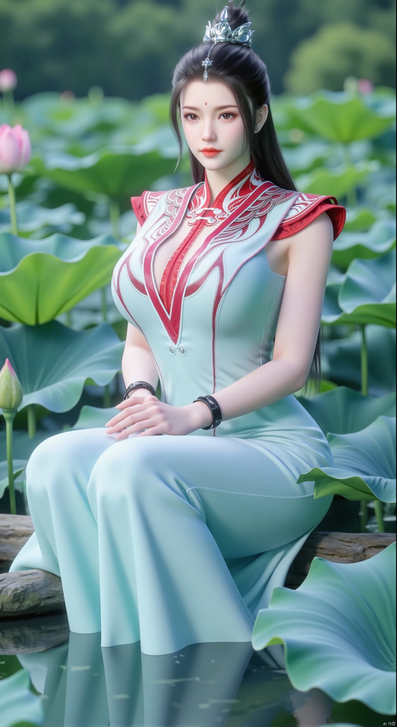  SFW,(masterpiece:1.2),best quality,absurdres,masterpiece,original,extremely detailed wallpaper,perfect lighting,1girl,solo,looking at viewer,(cowboy_shot:1.3),long hair,high heels,blurry background,depth of field,motion blur,(light cyan long dress:1.23),china_dress,chinese_style,bare shouders,crystal_earrings,headpiece,hair_tie,chest_jewel,gem,necklace,jewelry,in summer,day,outdoors,nature,garden,,(sitting,Lotus pond, lotus:1.59),(huge breasts:2.99),(full breasts:2.89),Xzhihua,Xsiyouyou,Xyanruyu,Xmoxiaonan,Xyeqingxian