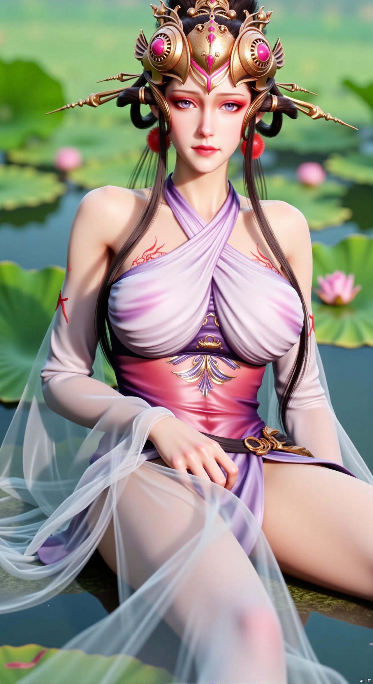  SFW,(masterpiece:1.2),best quality,absurdres,masterpiece,original,extremely detailed wallpaper,perfect lighting,1girl,solo,looking at viewer,(cowboy_shot:1.3),long hair,high heels,blurry background,depth of field,motion blur,(long dress:1.23),china_dress,chinese_style,bare shouders,crystal_earrings,headpiece,hair_tie,chest_jewel,gem,necklace,jewelry,in summer,day,outdoors,nature,garden,,(sitting,Lotus pond, lotus:1.59),(huge breasts:2.99),(full breasts:2.89),Xzhihua,Xsiyouyou,Xyanruyu,Xmoxiaonan,Xyeqingxian,Xyuechan,Xwenjing