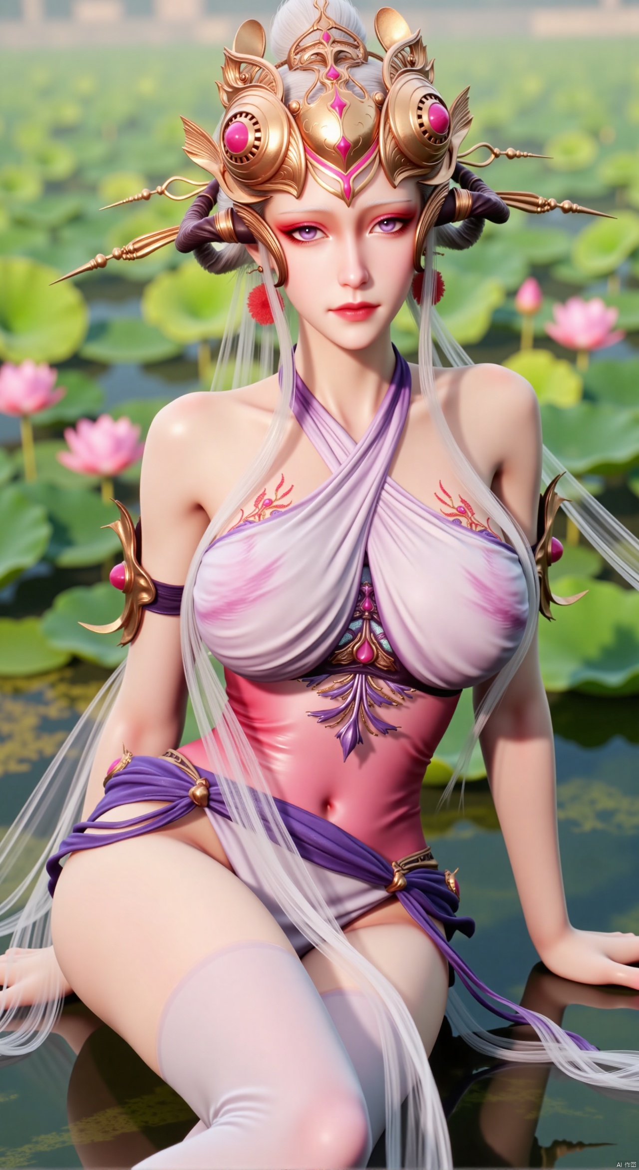  SFW,(masterpiece:1.2),best quality,absurdres,masterpiece,original,extremely detailed wallpaper,perfect lighting,1girl,solo,looking at viewer,(cowboy_shot:1.3),long hair,high heels,blurry background,depth of field,motion blur,(long dress:1.23),china_dress,chinese_style,bare shouders,crystal_earrings,headpiece,hair_tie,chest_jewel,gem,necklace,jewelry,in summer,day,outdoors,nature,garden,,(sitting,Lotus pond, lotus:1.59),(huge breasts:2.99),(full breasts:2.89),Xzhihua,Xsiyouyou,Xyanruyu,Xmoxiaonan,Xyeqingxian,Xyuechan,Xwenjing