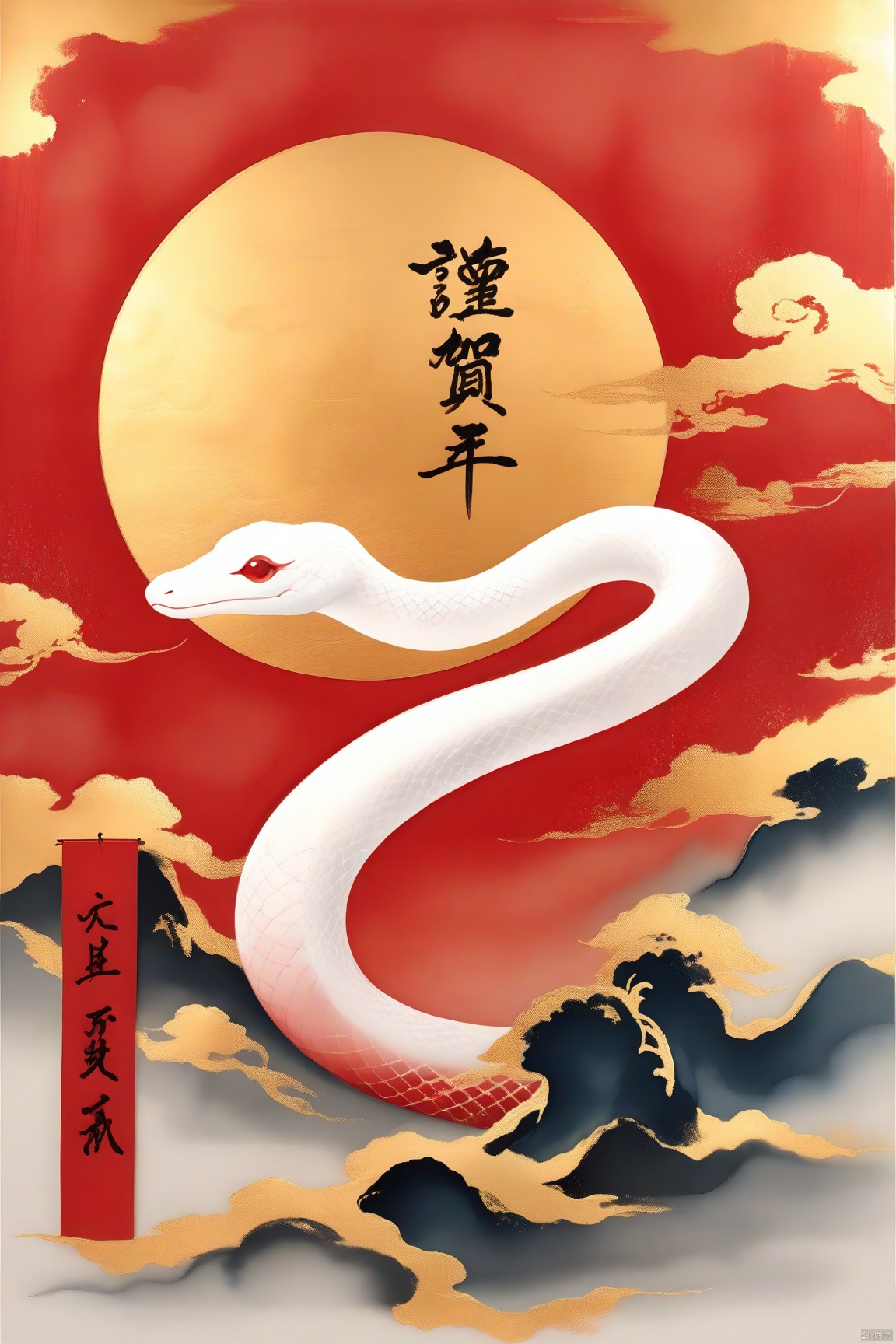 jinboyancaizhushahong,red, traditional Chinese painting, ink painting, line, calligraphy, Chinese ink painting, line, white background, snake, a red snake, fiery red auspicious clouds, the shape of the snake is in line with the laws of nature, joyful in the Year of the Snake, the snake's slender body faces the dragon Likewise, the snake's body is drawn correctly, and the overall picture is harmonious and beautiful, full of details.