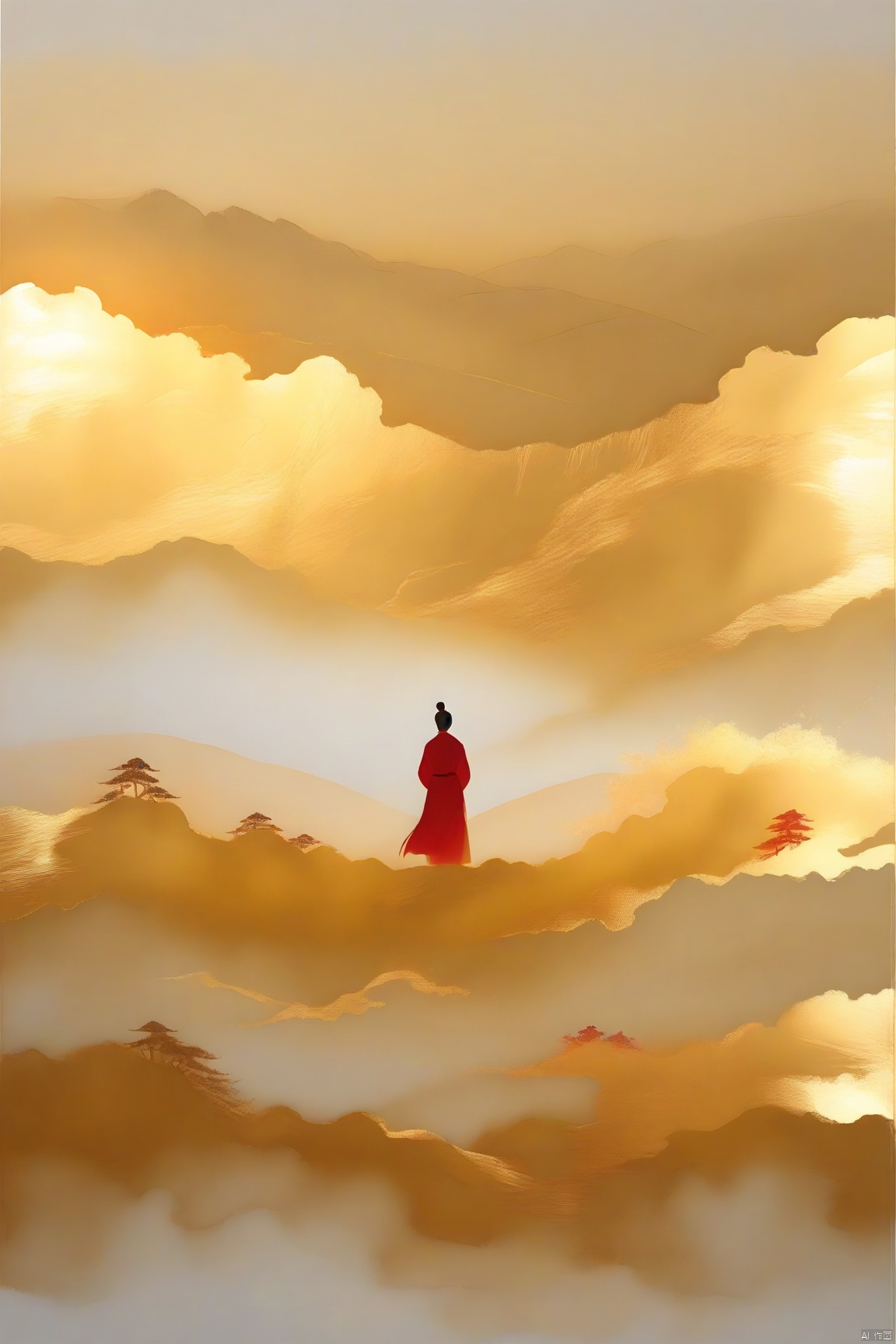 jinboyancaizhushahong,serene landscape, tranquil atmosphere, rolling hills,stylized landscape, misty mountains, solitary figure, red and gold, golden sun setting, warm hues, warm glow