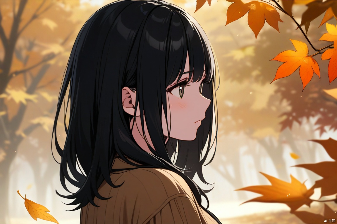 autumn,medium breasts,1 girl,black hair,bangs,black eyes,medium hair,long hair