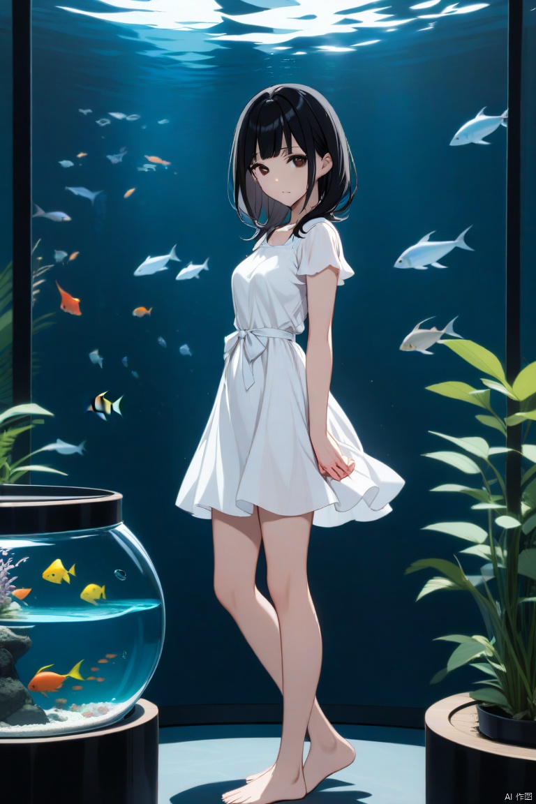 aquarium,standing beside the fishbowl,looking at viewer,medium breasts,1 girl,black hair,bangs,black eyes,medium hair,long hair,white dress,short sleeves,bare legs,bare feet