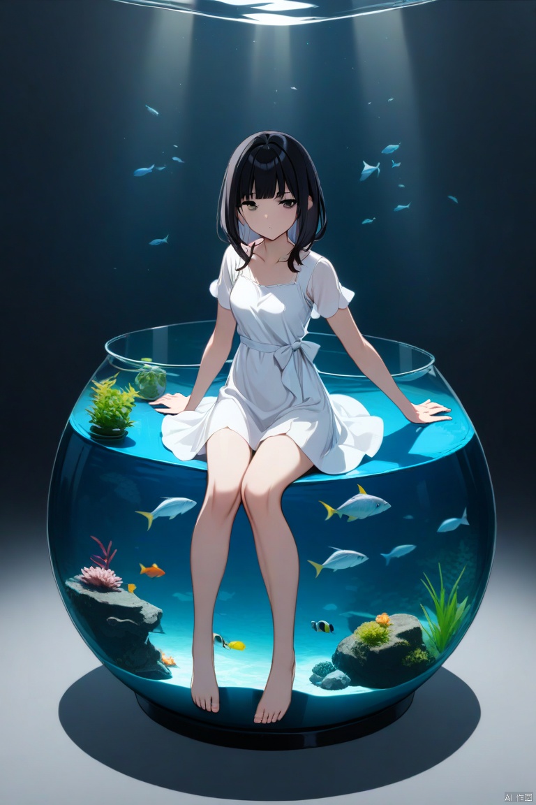 aquarium,setting beside the fishbowl,looking at viewer,medium breasts,1 girl,black hair,bangs,black eyes,medium hair,long hair,white dress,short sleeves,bare legs,bare feet