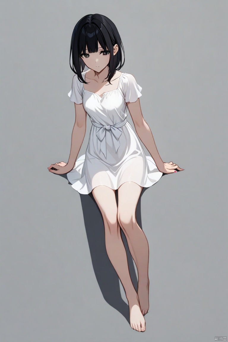 medium breasts,1 girl,black hair,bangs,black eyes,medium hair,long hair,white dress,short sleeves,bare legs,bare feet