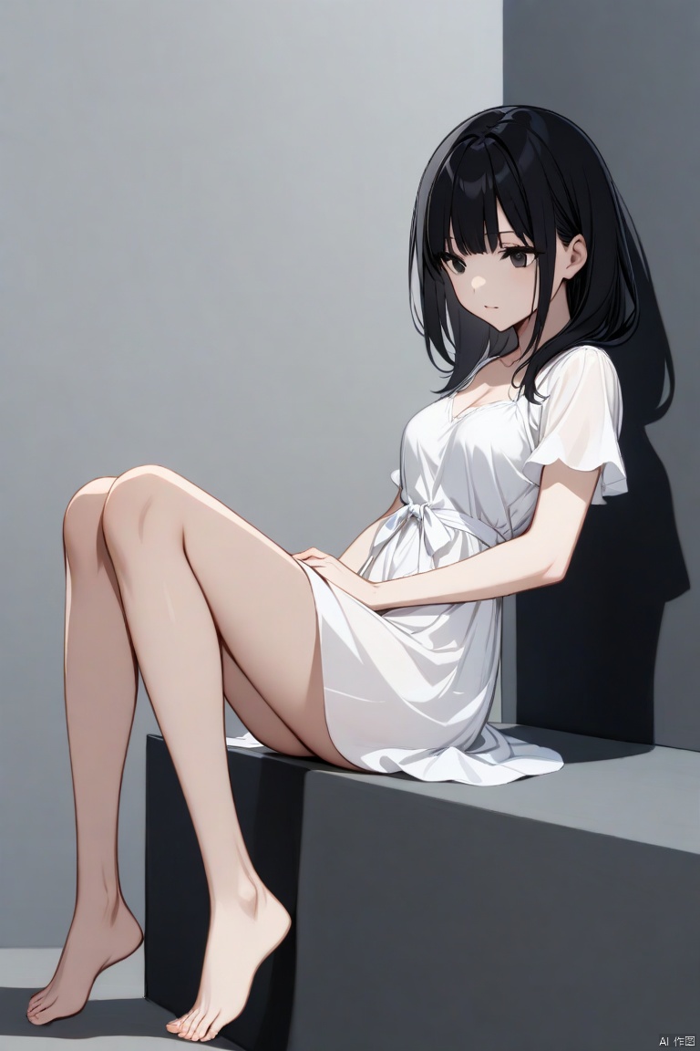medium breasts,1 girl,black hair,bangs,black eyes,medium hair,long hair,white dress,short sleeves,bare legs,bare feet