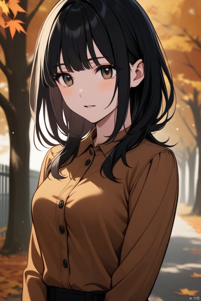 autumn,medium breasts,1 girl,black hair,bangs,black eyes,medium hair,long hair