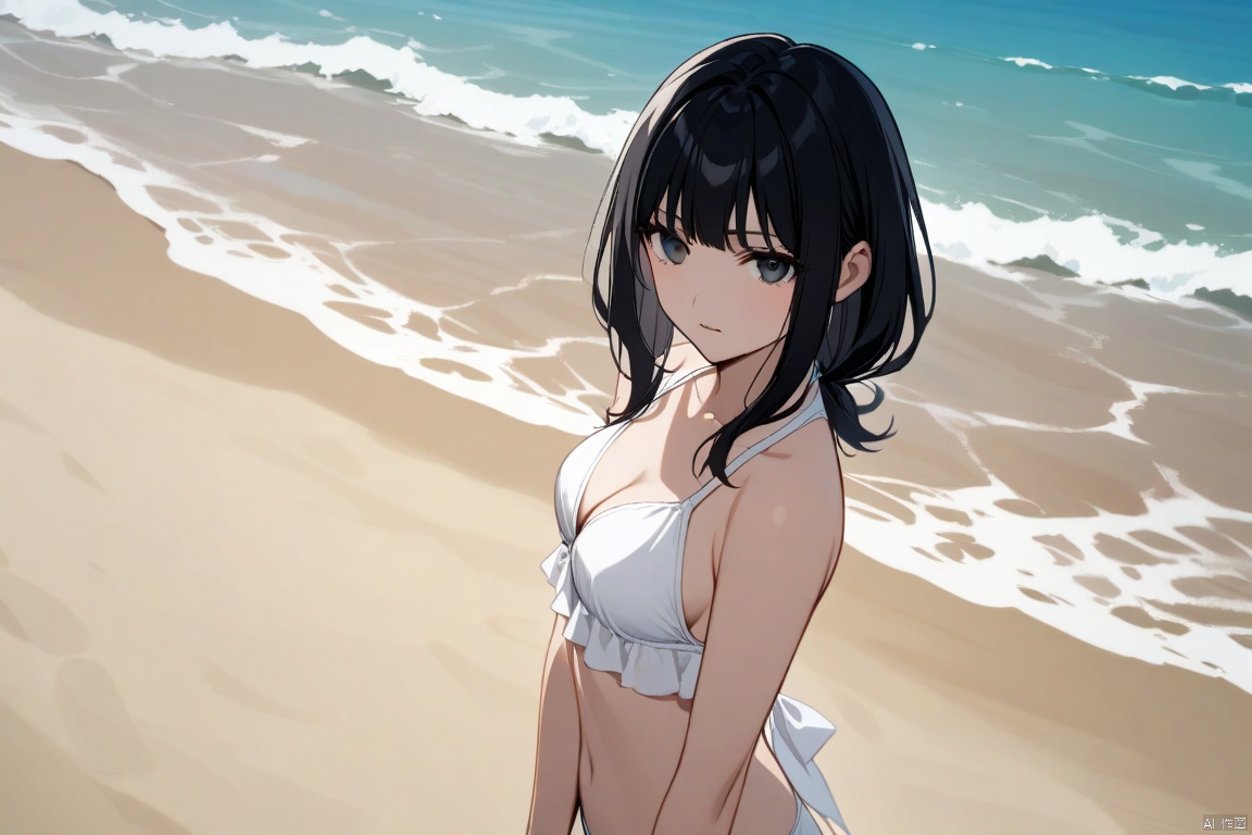 beach,sea,white bikini,looking at viewer,medium breasts,1 girl,black hair,bangs,black eyes,medium hair,long hair,down jeckets