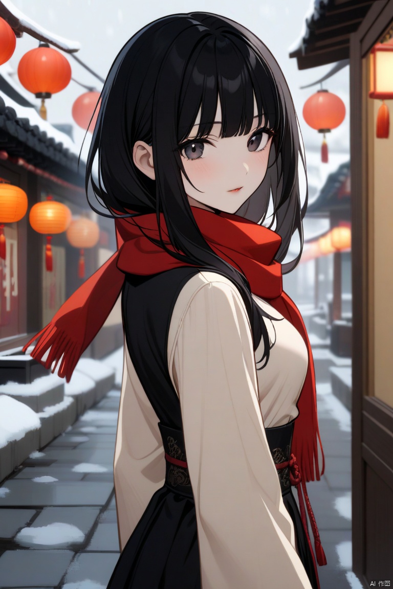 spring festival,snow,red scarf,looking at viewer,medium breasts,1 girl,black hair,bangs,black eyes,medium hair,long hair,down jeckets