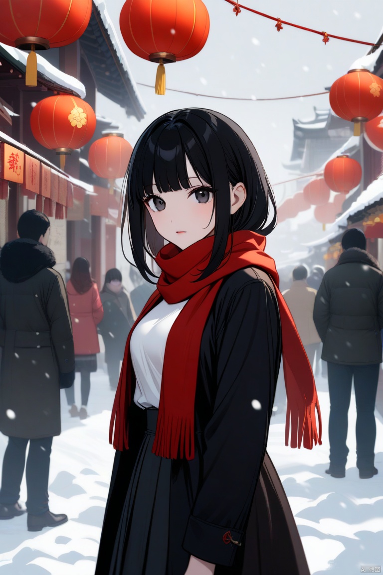 spring festival,snow,red scarf,looking at viewer,medium breasts,1 girl,black hair,bangs,black eyes,medium hair,long hair,down jeckets