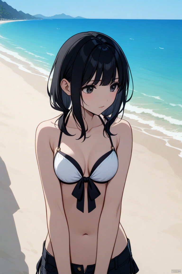 beach,sea,bikini,medium breasts,1 girl,black hair,bangs,black eyes,medium hair,long hair,down jeckets