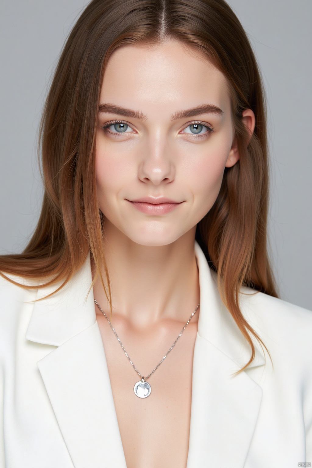 OBoumei,
A close-up shot of a woman with long brown hair and blue eyes. She is wearing a white blazer with a zipper on the left side of the jacket. She has a necklace around her neck that has a silver charm on it. The background is a light gray color.