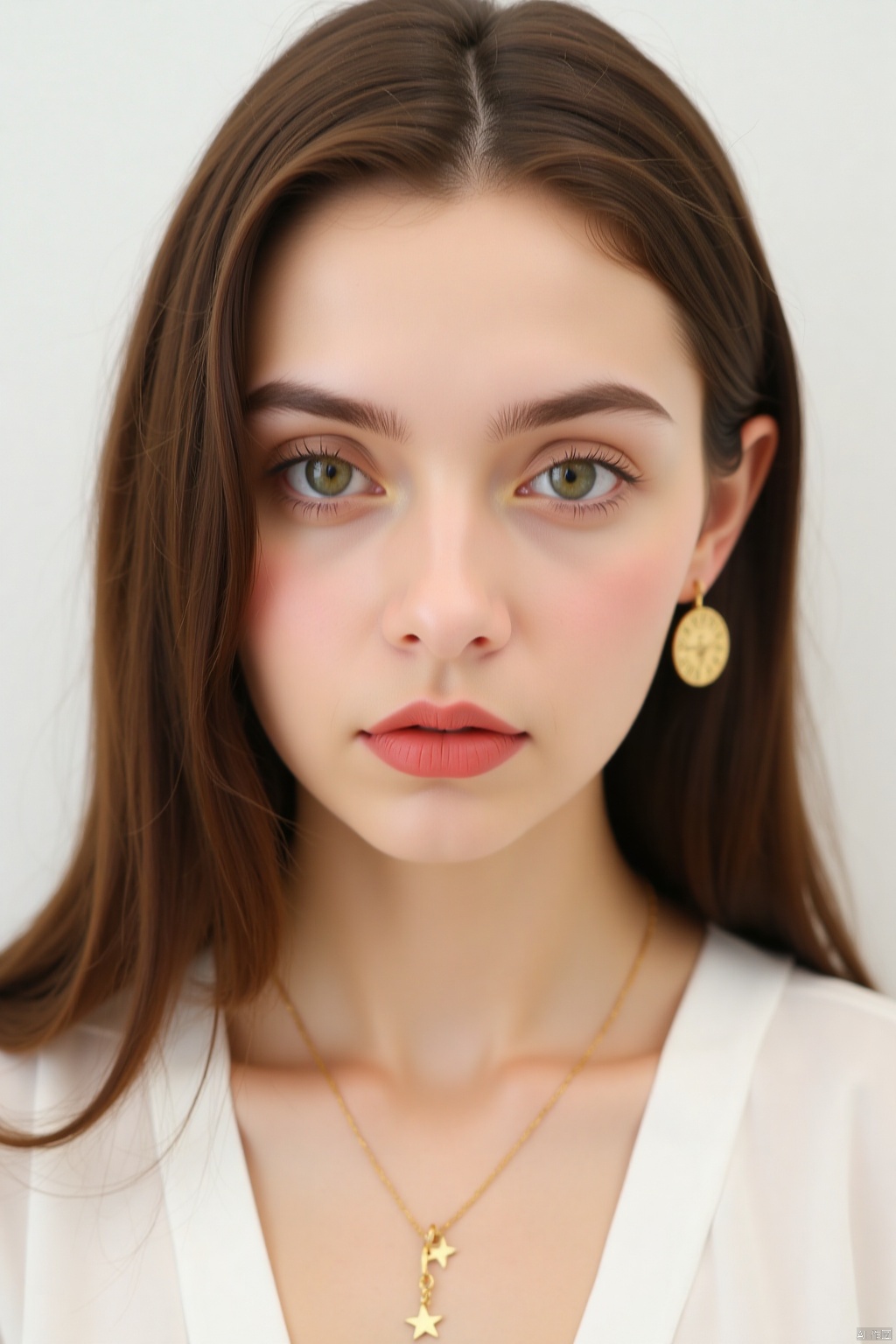 OBoumei,
A close-up shot of a woman with long brown hair and green eyes. She is wearing a white blouse and a gold necklace with a star charm on it. The background is a plain white wall.