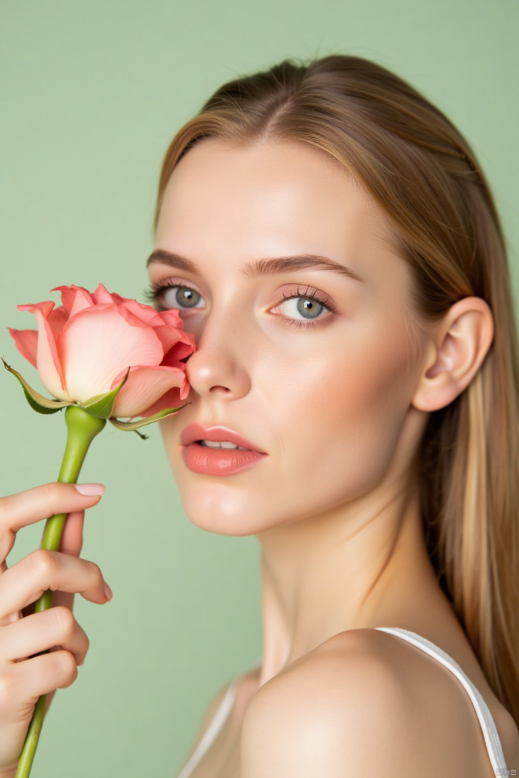 OBoumei,
A close-up shot of a woman with long blonde hair and blue eyes. The woman's face is angled towards the left side of the frame. Her lips are painted a light pink color. Her eyes are a piercing blue. Her eyebrows are a darker shade of brown. Her hair is pulled back in a ponytail. She is holding a rose in her left hand. The rose is a vibrant pink color with a green stem. The background is a light green color.