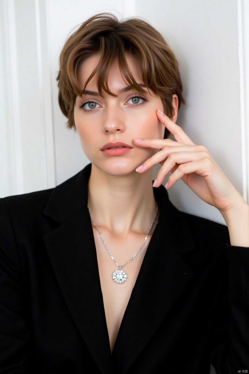 OBoumei,
a young woman with short brown hair and blue eyes is wearing a black blazer. Her left hand is resting on her chin
adding a touch of warmth to her face. She's wearing a silver chain with a diamond-shaped pendant. The backdrop is a stark white wall
creating a stark contrast to the woman's outfit.
