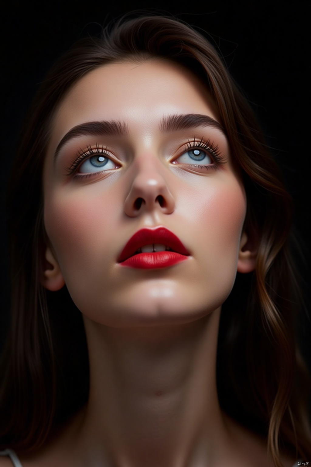 OBoumei,
A close-up shot of a woman's face
taken from a low-angle perspective. The woman's eyes are blue
and her hair is long and cascades down to her shoulders. Her lips are painted a vibrant red
with a slight smile on her lips. Her eyebrows are a darker shade of brown
adding a touch of color to her face. The background is a solid black
creating a stark contrast to the woman's features.