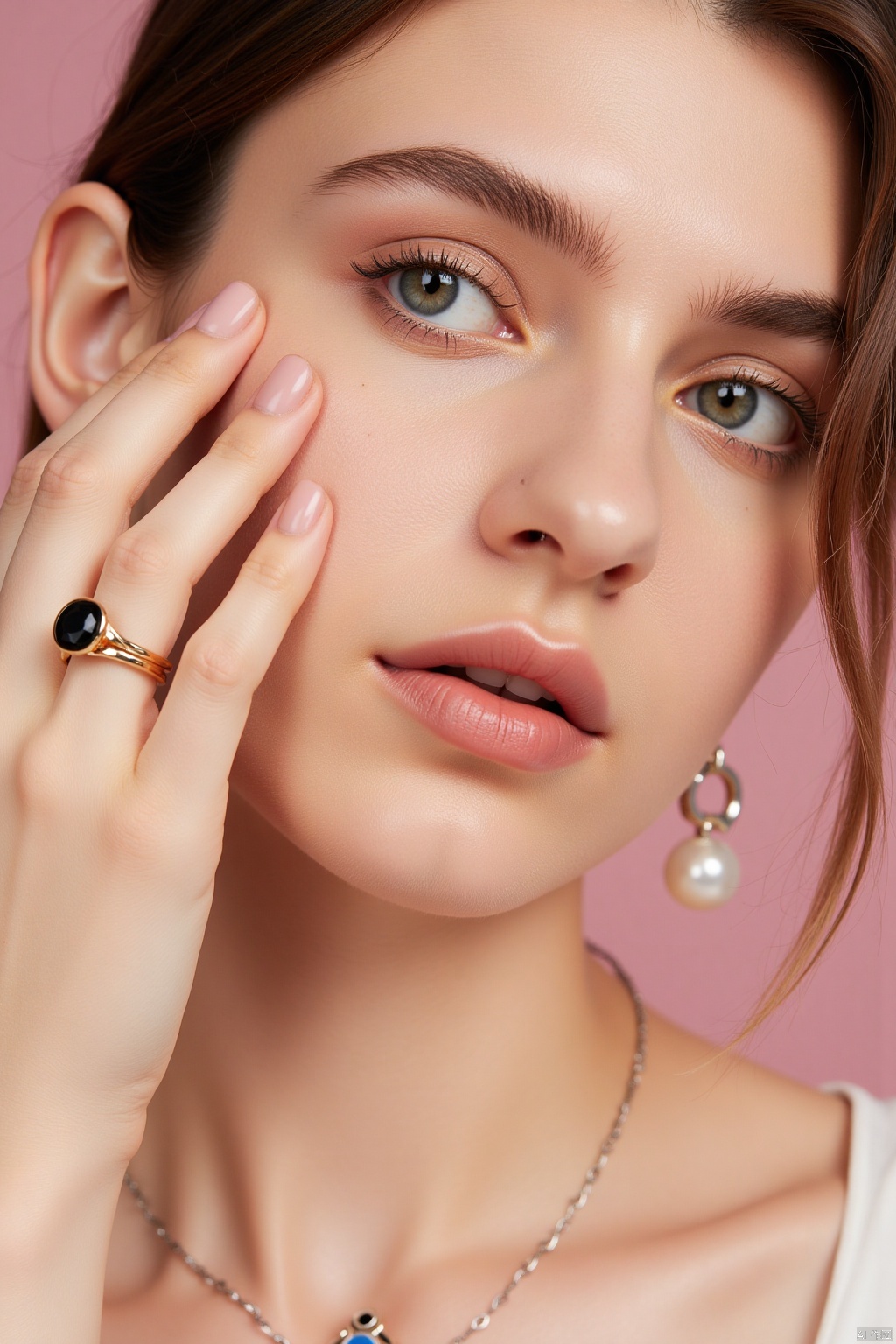 OBoumei,
A close-up shot of a woman's face
with a ring on her left hand
is positioned to the left of her face. The woman's eyes are blue
and her hair is dark brown
and she is wearing a silver necklace. The background is a soft pink
and the woman's right ear is adorned with a pair of dangling earrings.


