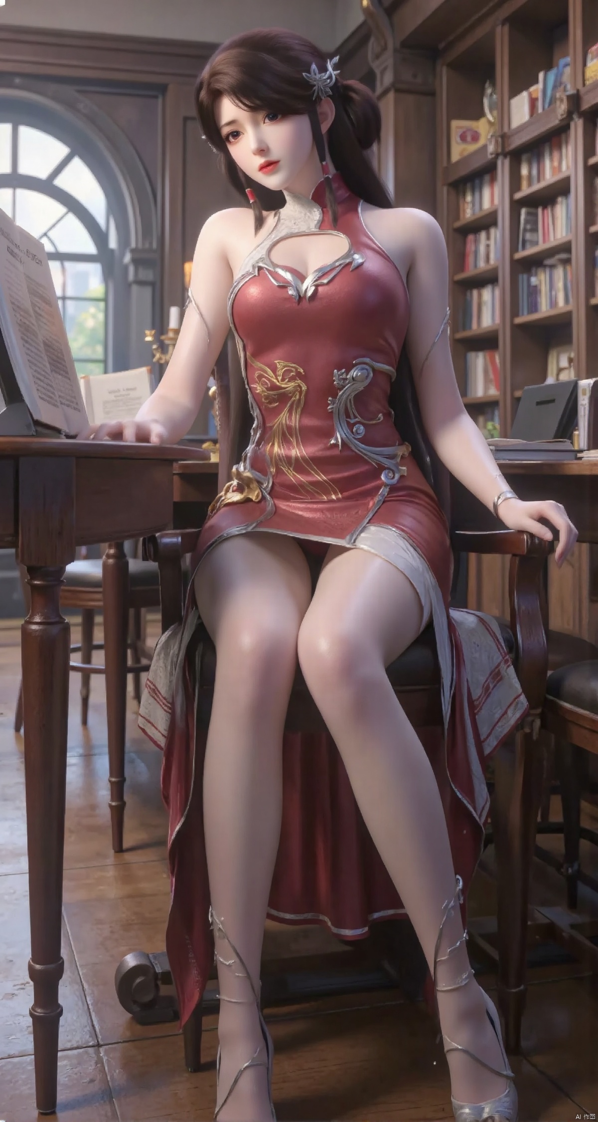 Realistic photo, 1girl, ponytail, fair skin, big breasts, school uniform, plaid skirt, shiny pantyhose, long legs, high heels, full body, large luxury library, sitting at reading table,