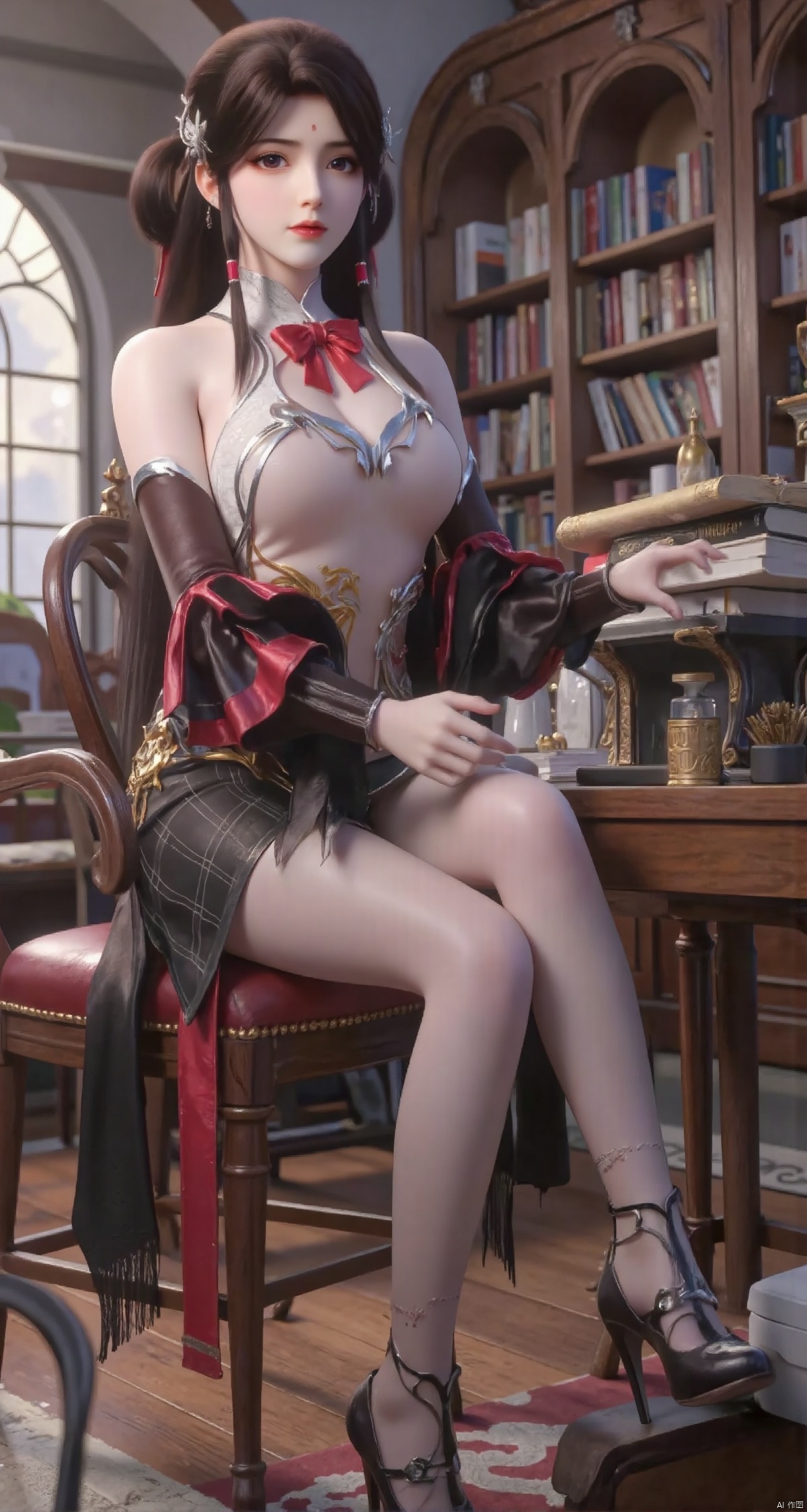 Realistic photo, 1girl, ponytail, fair skin, big breasts, school uniform, plaid skirt, shiny pantyhose, long legs, high heels, full body, large luxury library, sitting at reading table,