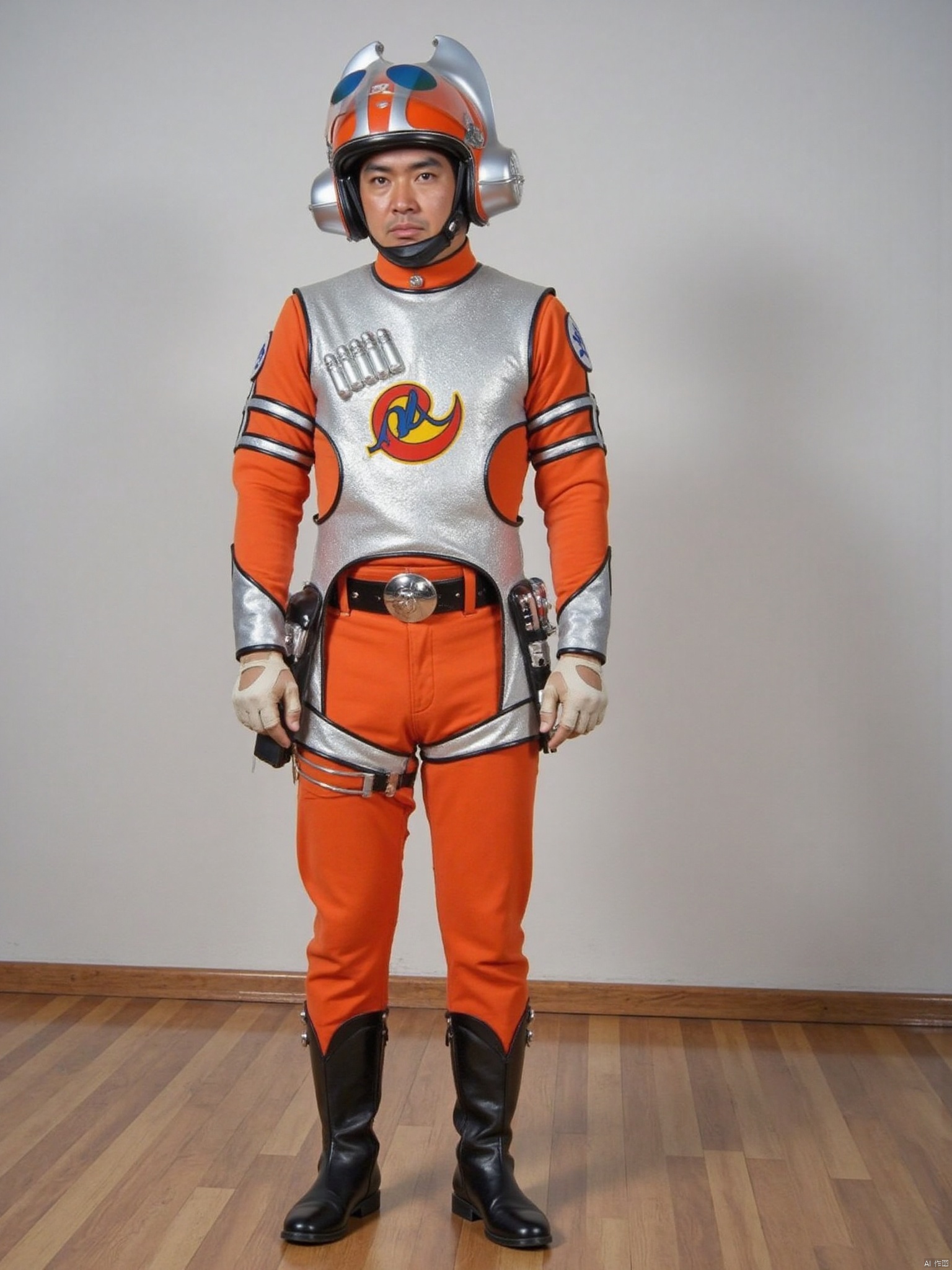 MAC,helmet,orange pants,orange jacket,collar,belt,logo,uniform,jacket,gloves,boots,emblem,pants,white gloves,black footwear,orange jacket with Silver vest