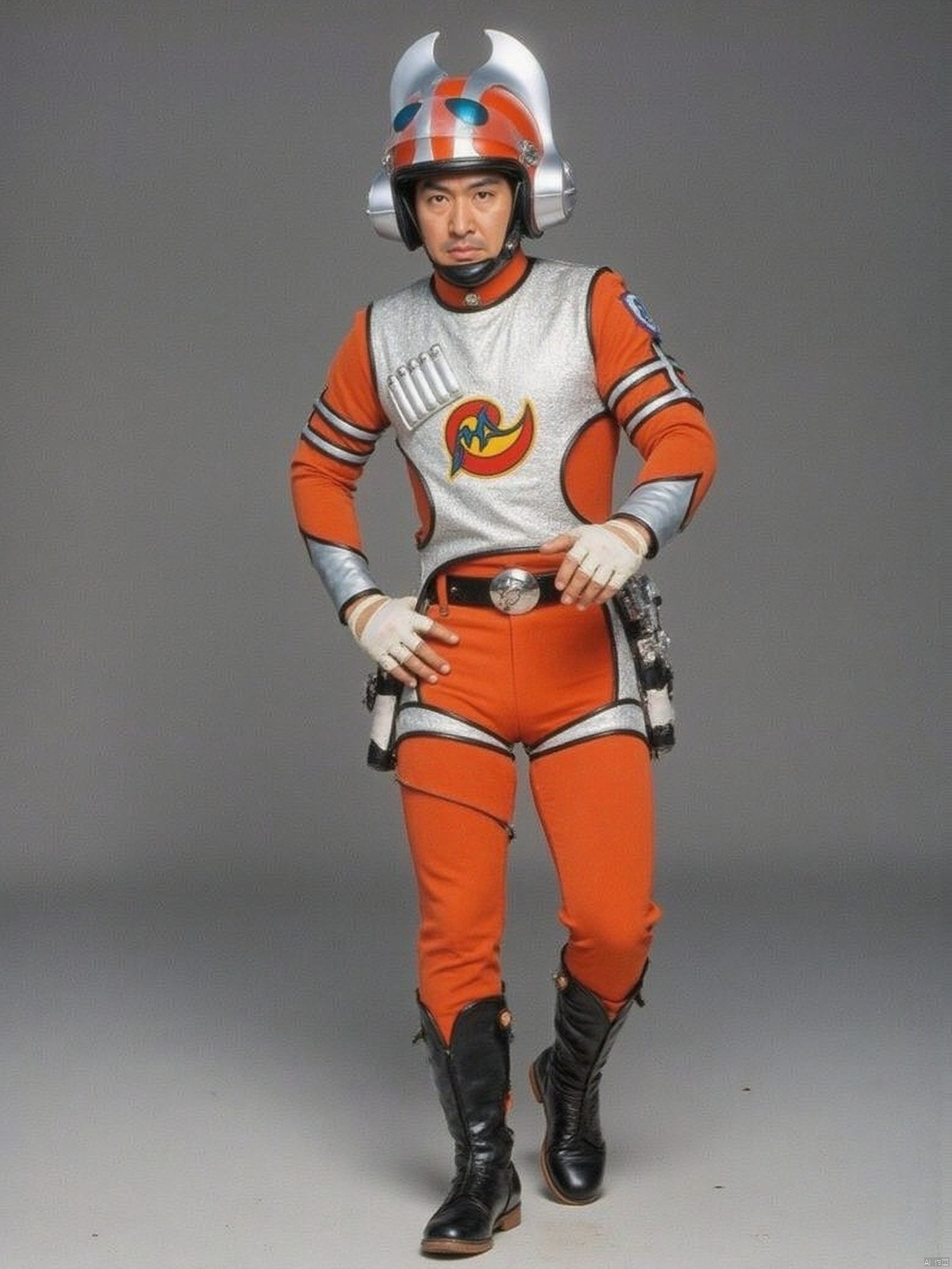 MAC,helmet,orange pants,orange jacket,collar,belt,logo,uniform,jacket,gloves,boots,emblem,pants,white gloves,black footwear,orange jacket with Silver vest