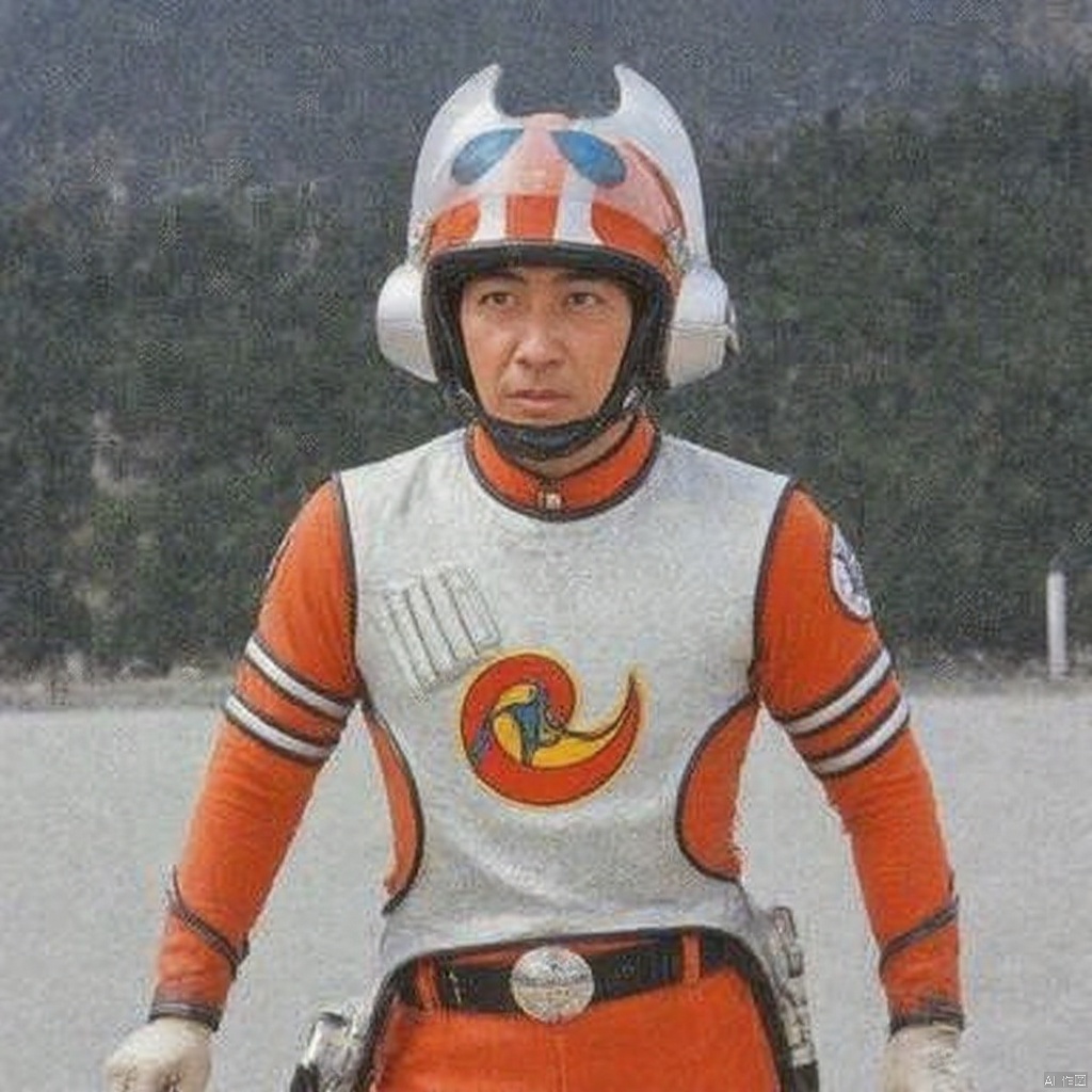 MAC,helmet,orange pants,orange jacket,collar,belt,logo,uniform,jacket,gloves,boots,emblem,pants,white gloves,black footwear,orange jacket with Silver vest