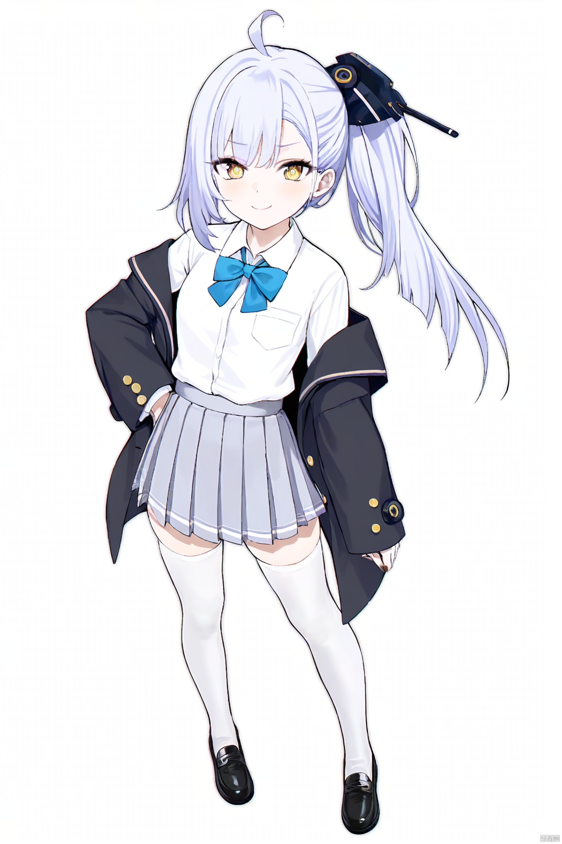 masterpiece,best quality,high quality,chromatic aberration,fair_skin, 1girl, solo, long hair, looking at viewer, smile, bangs, skirt, simple background, shirt, hair ornament, thighhighs, long sleeves, white background, bow, closed mouth, school uniform, standing, jacket, full body, yellow eyes, white shirt, ahoge, pleated skirt, shoes, collared shirt, bowtie, off shoulder, nail polish, black footwear, side ponytail, white thighhighs, zettai ryouiki, black jacket, hand on hip, blazer, black nails, grey skirt, blue bowtie, shirt tucked in